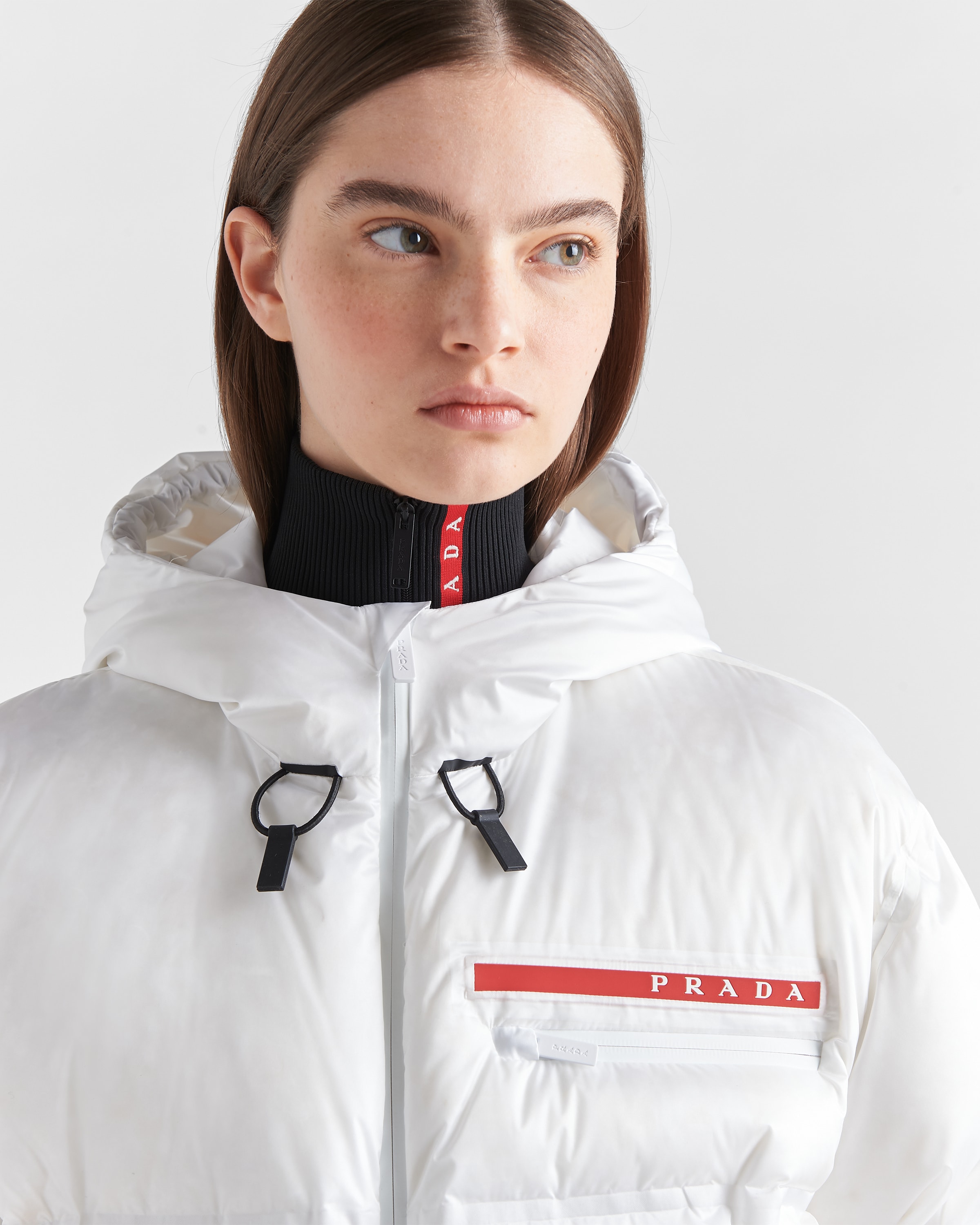 White Cropped technical nylon down jacket | Prada