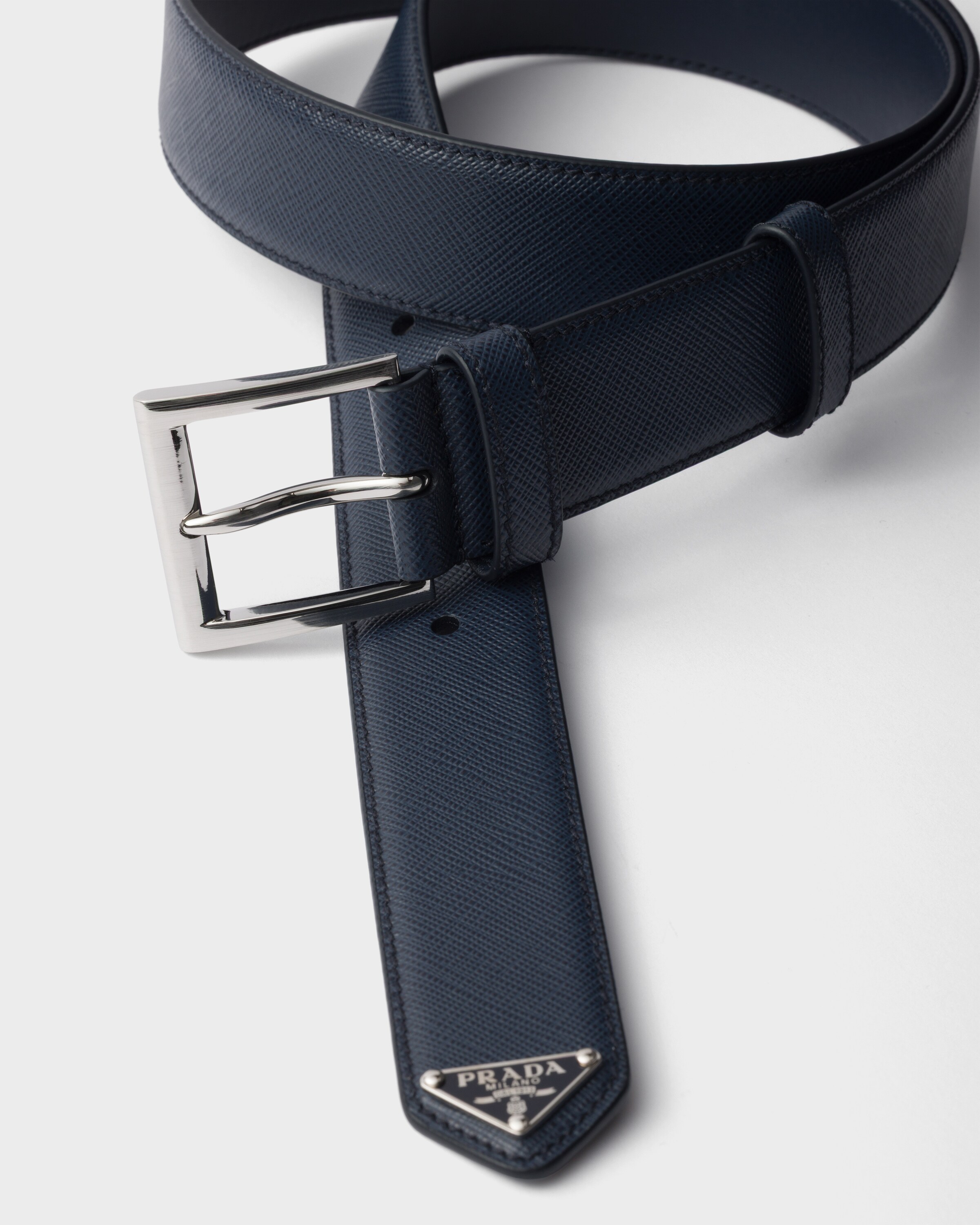 Prada Mens Blue Triangle-logo Saffiano Leather Belt