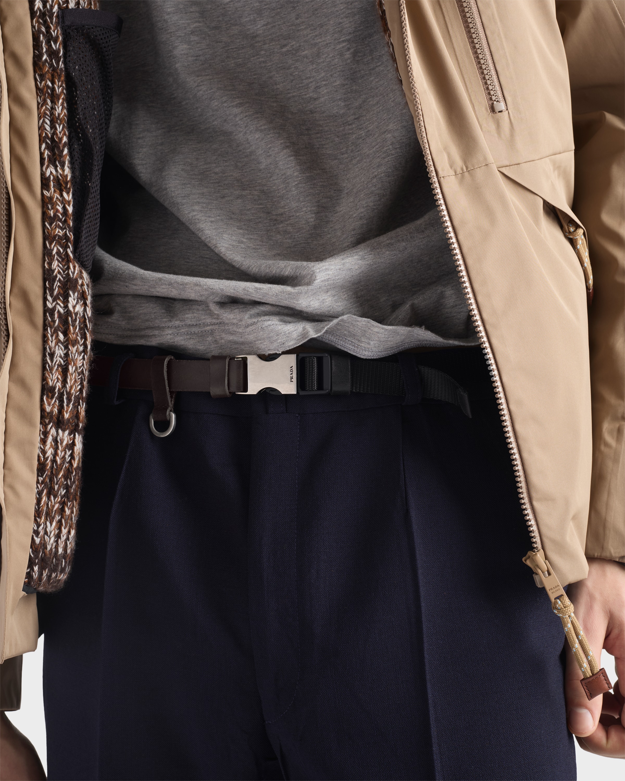 Leather and woven nylon tape belt