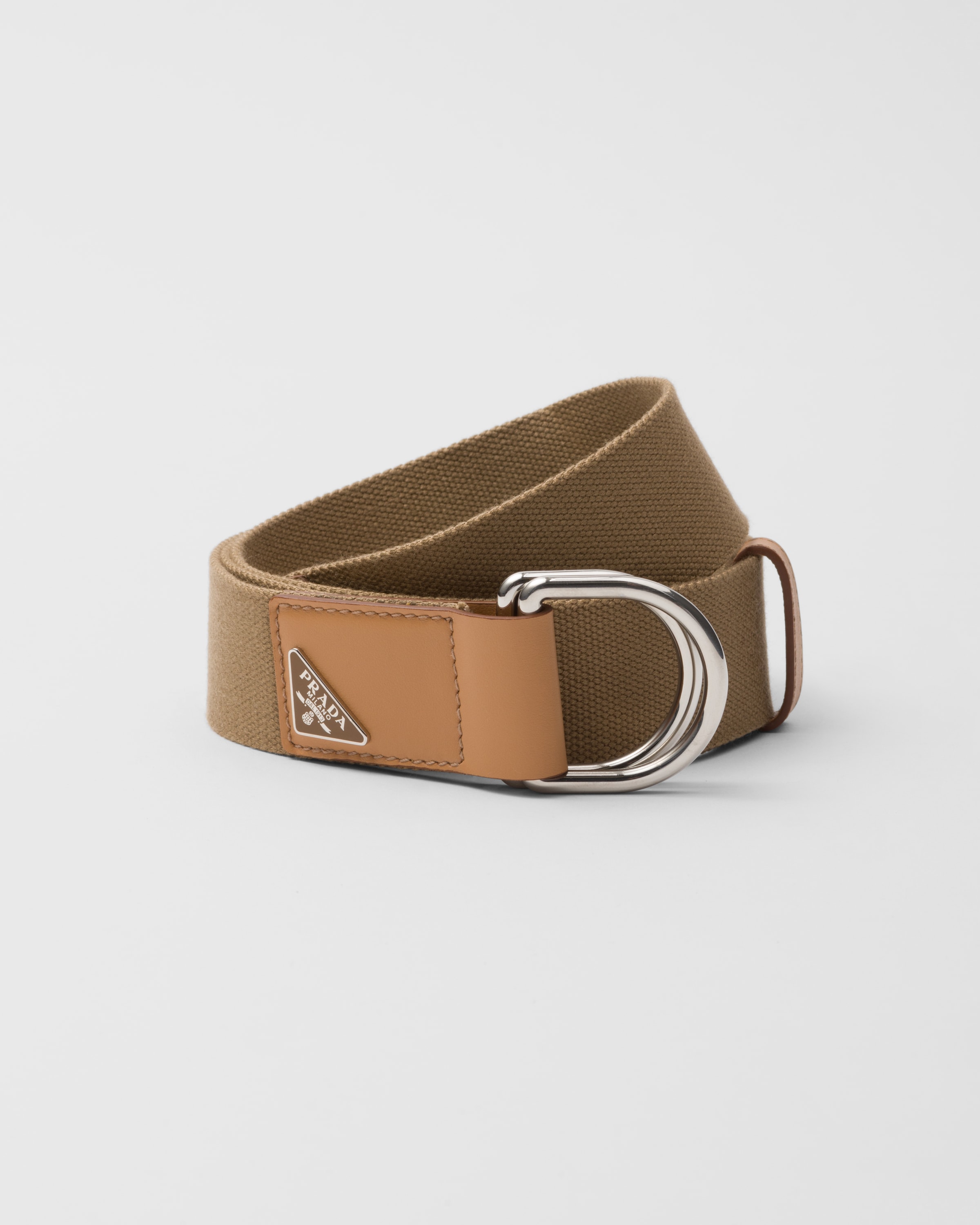 Prada Logo-plaque Leather-trim Belt In Desert Beige