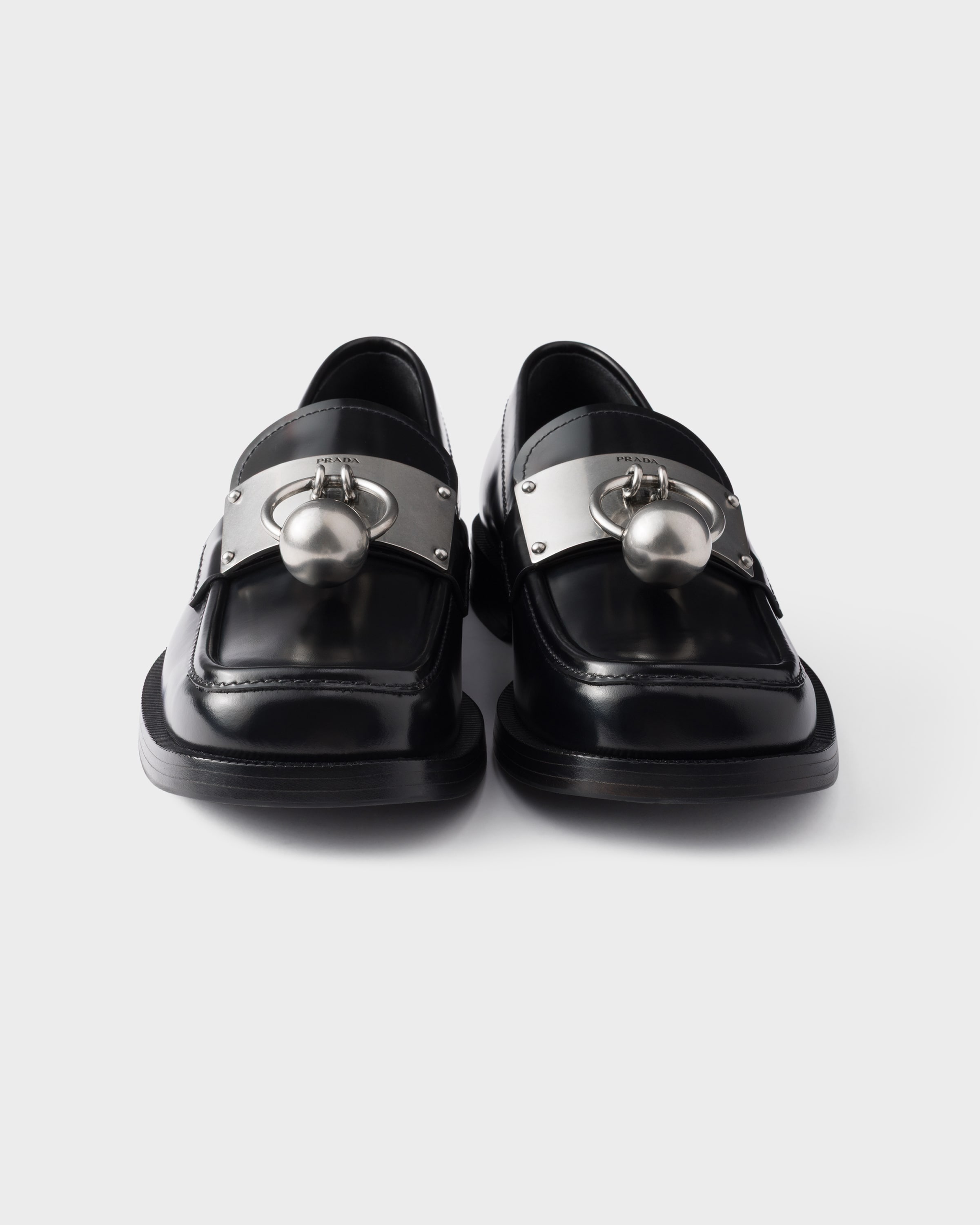 Black Brushed Leather Loafers With Metal Ring | PRADA