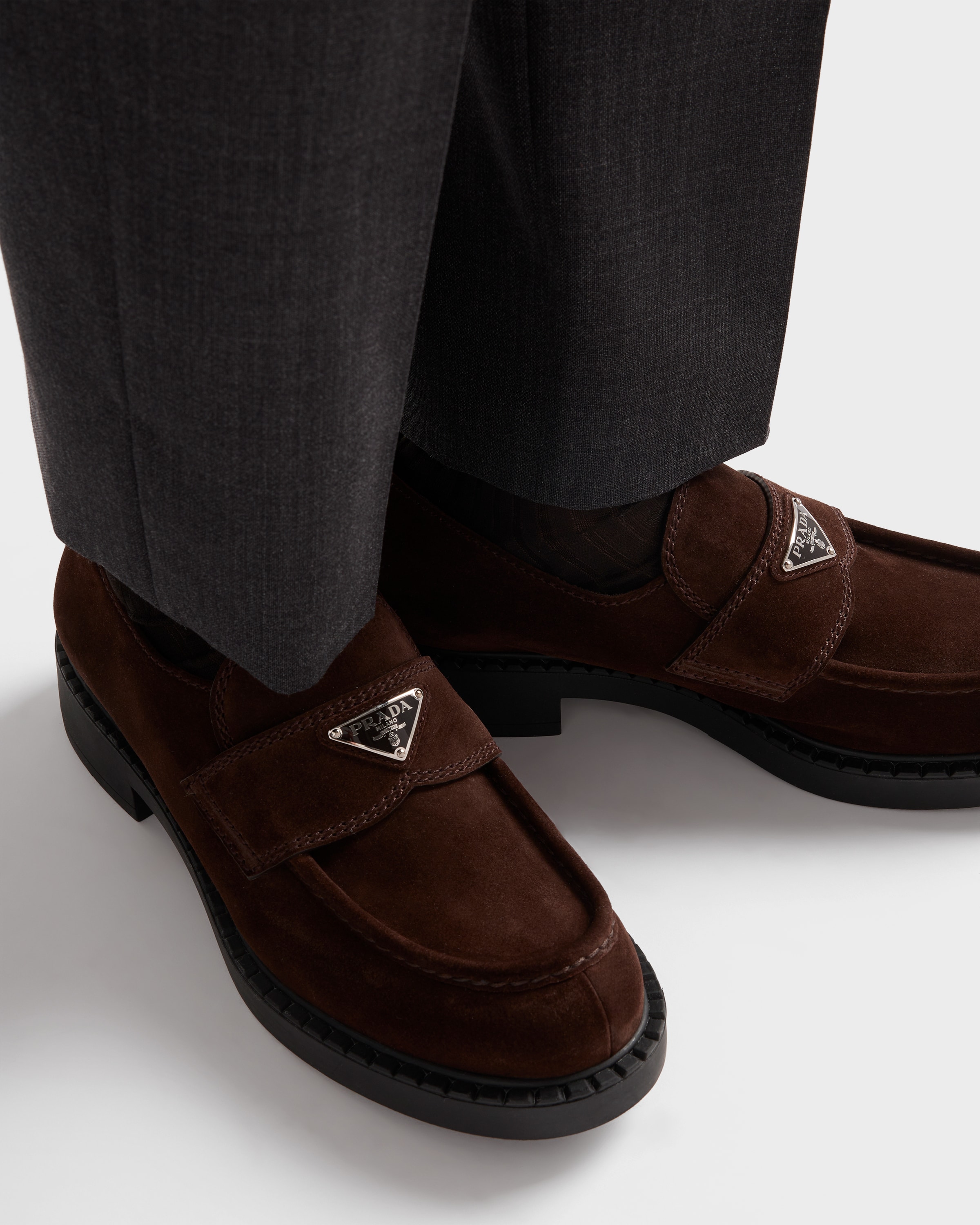 Prada Chocolate Suede Loafers In Brown
