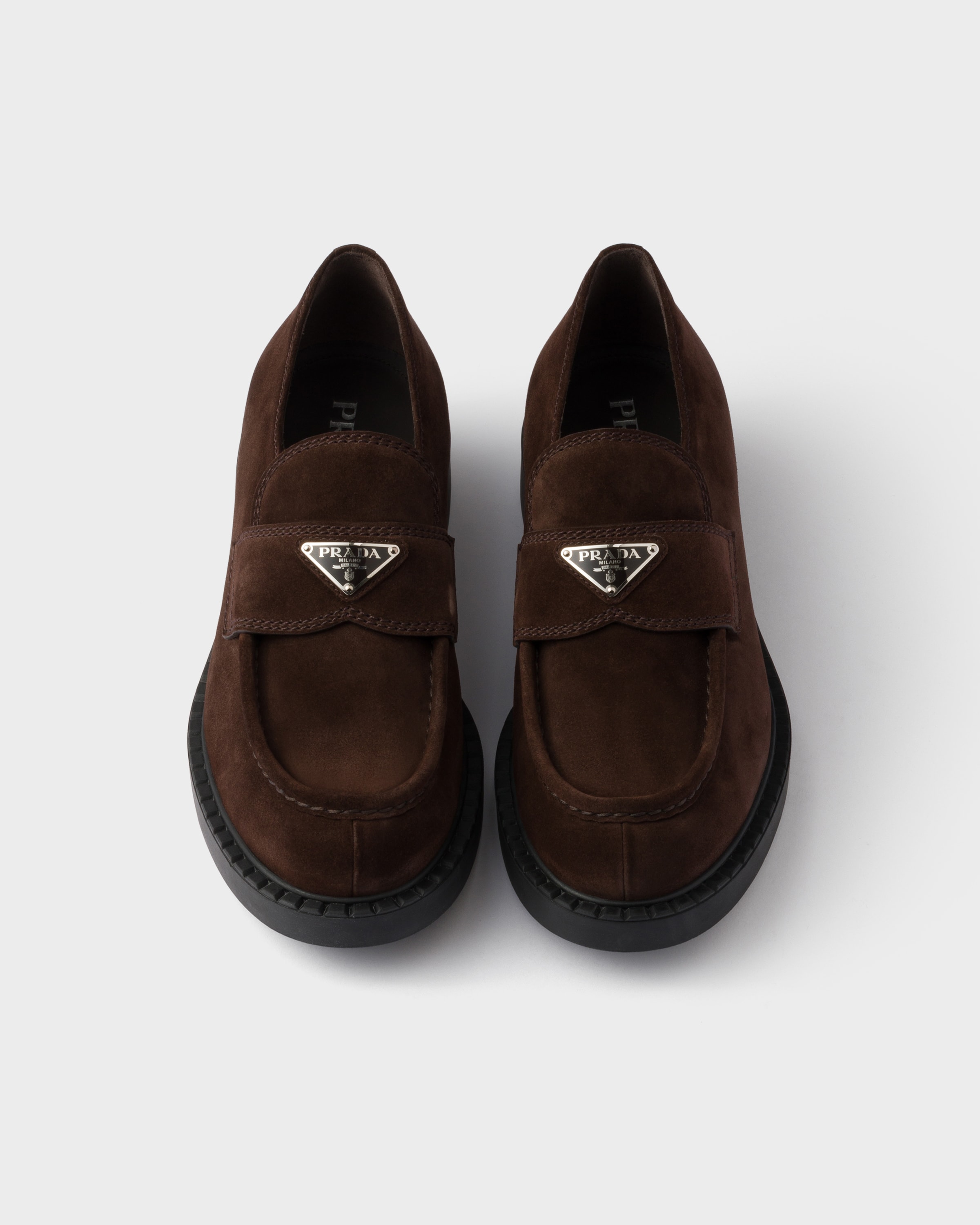 Prada Chocolate Suede Loafers In Brown