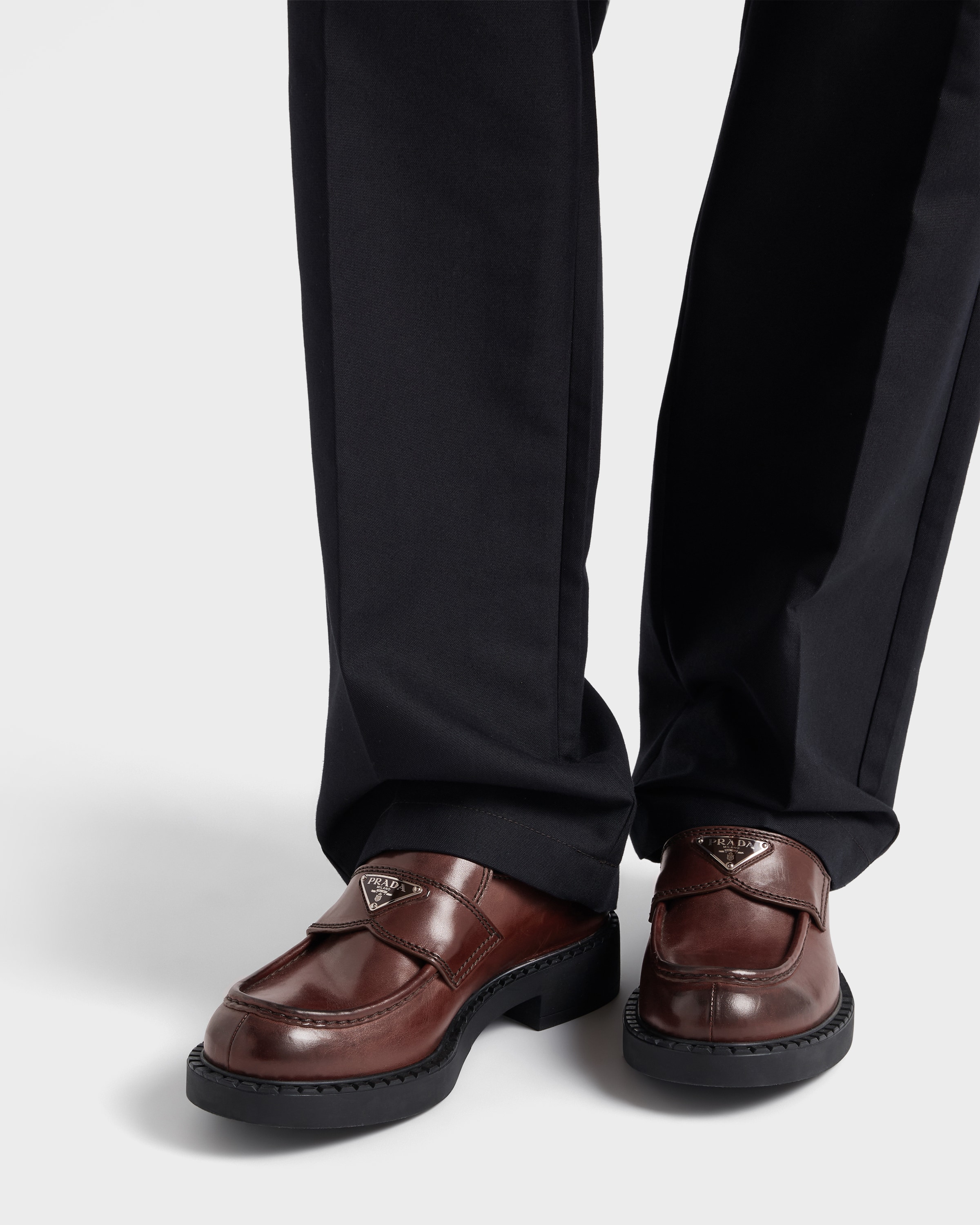 Cocoa Brown Chocolate Aged Leather Loafers | PRADA