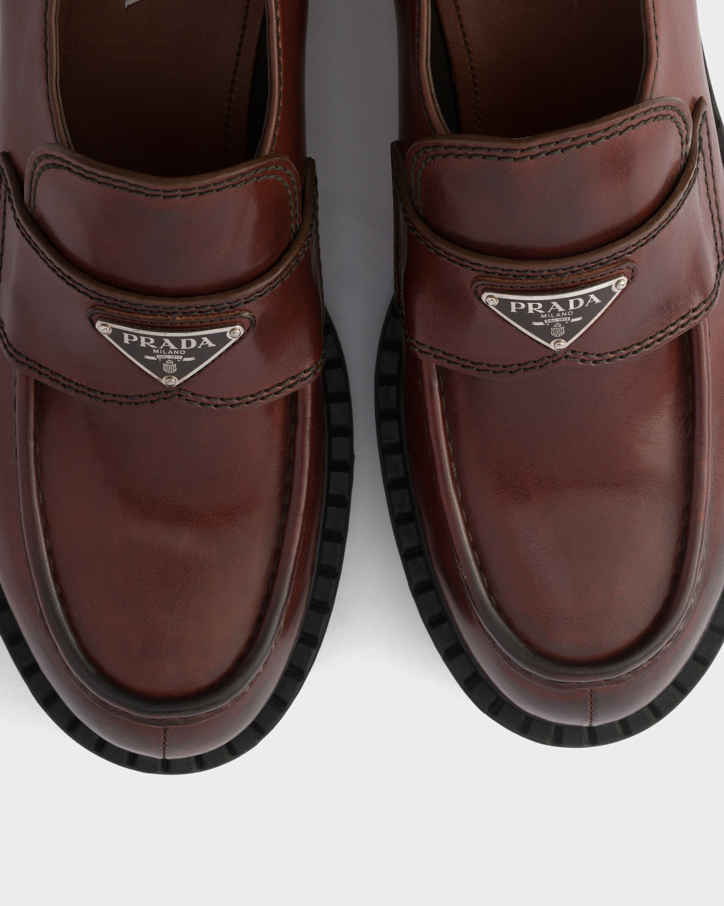 Cocoa Brown Chocolate Aged Leather Loafers | PRADA