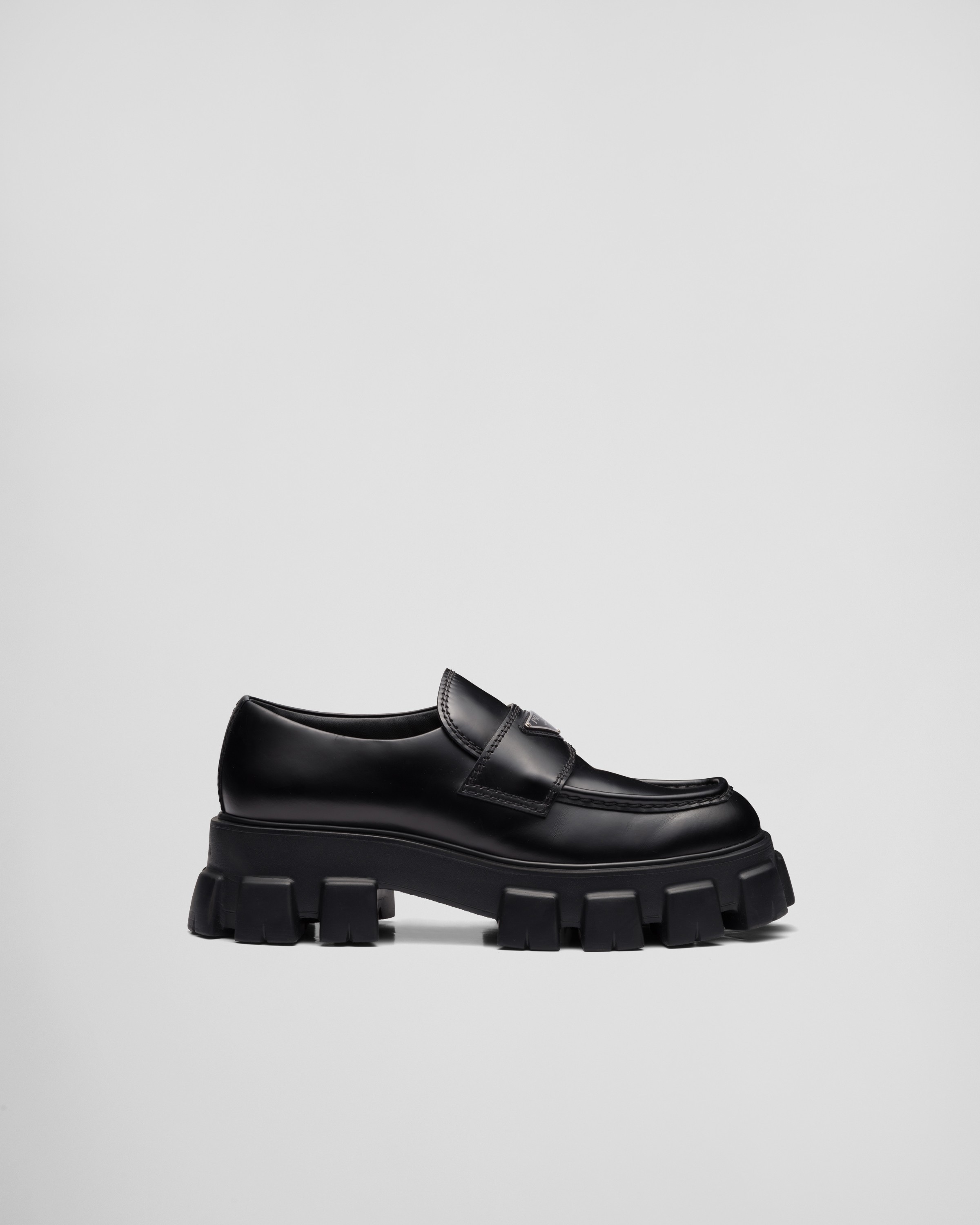 PRADA MONOLITH BRUSHED LEATHER LOAFERS
