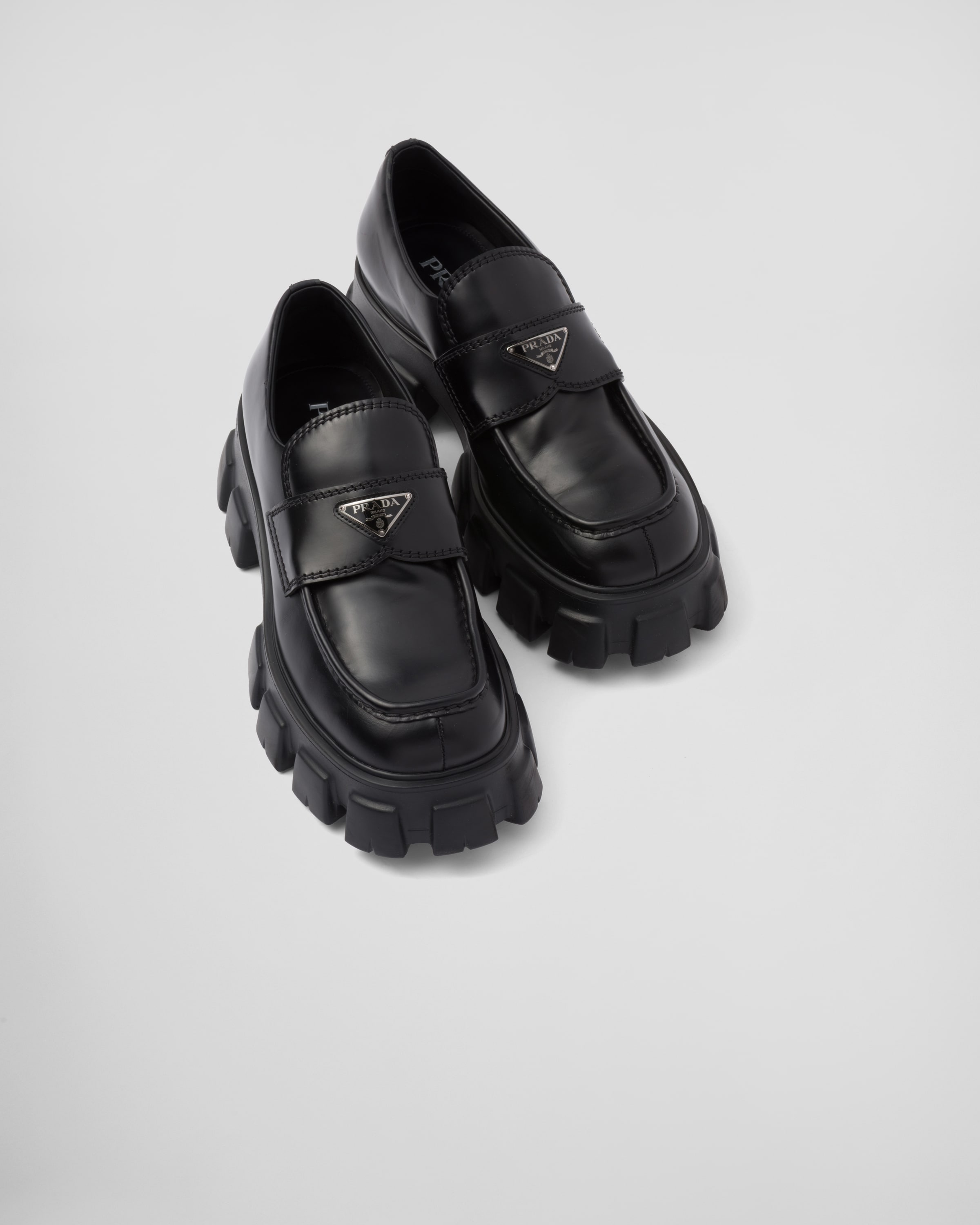 PRADA MONOLITH BRUSHED LEATHER LOAFERS