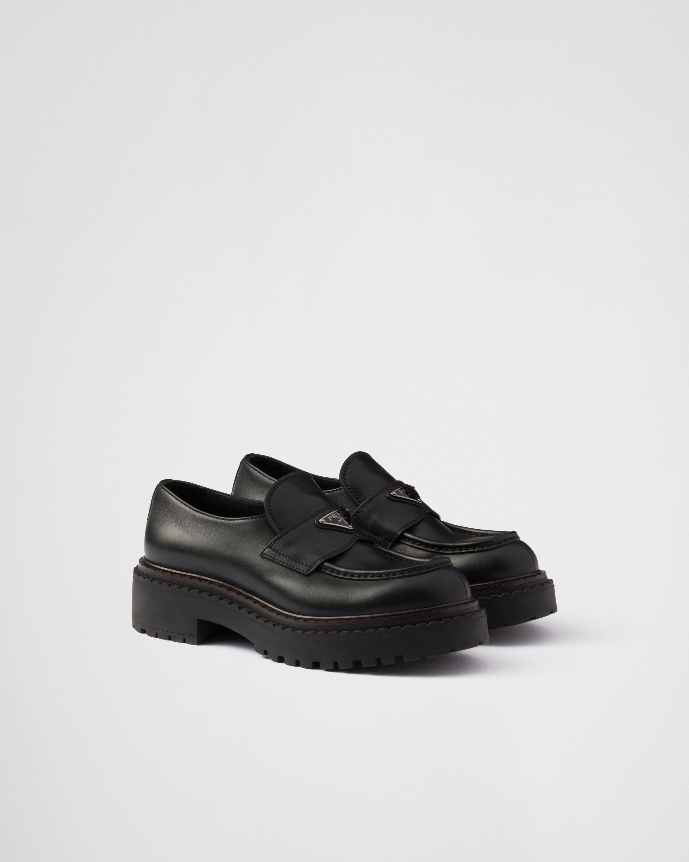 PRADA DOUBLE CHOCOLATE LEATHER LOAFERS