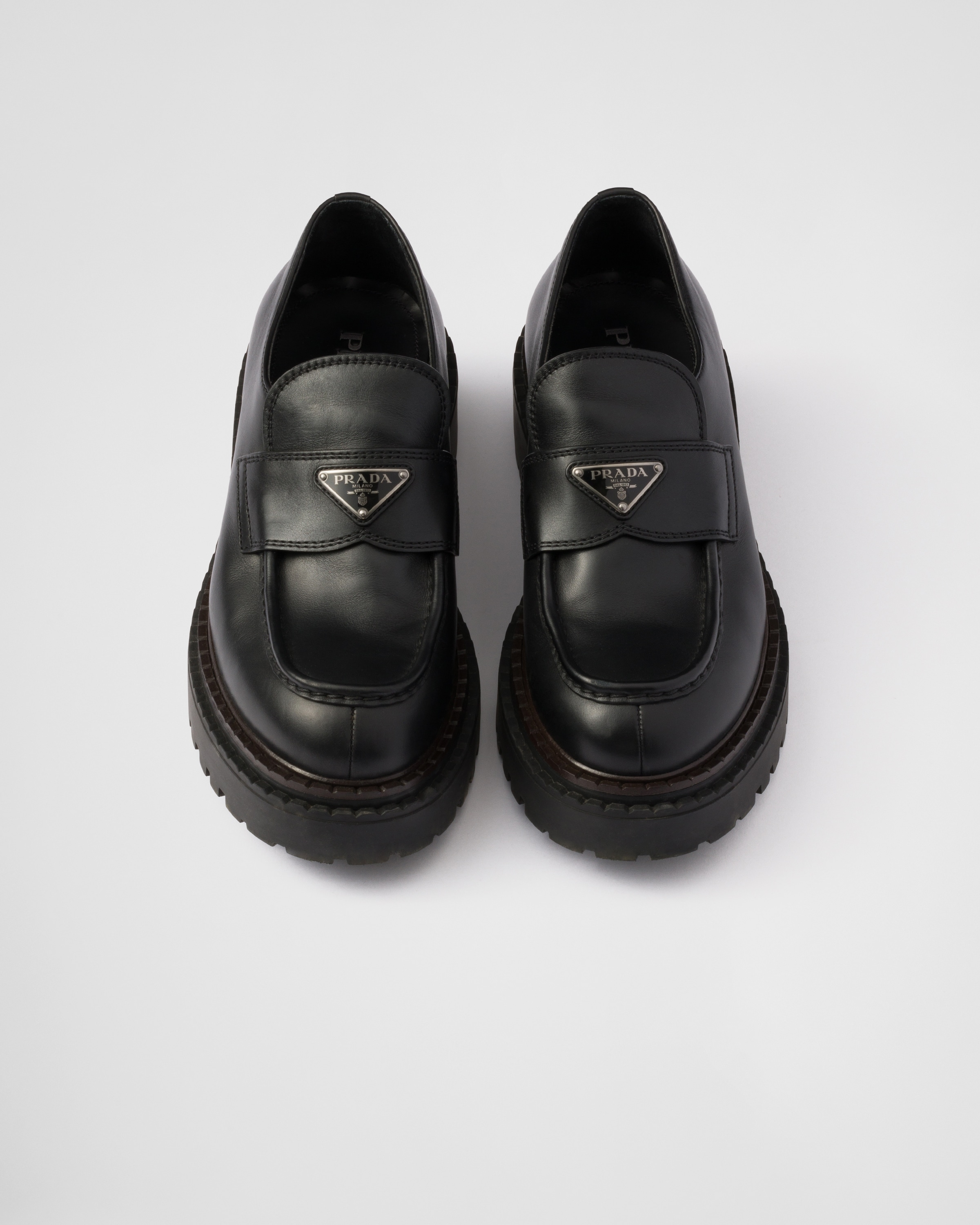 PRADA DOUBLE CHOCOLATE LEATHER LOAFERS