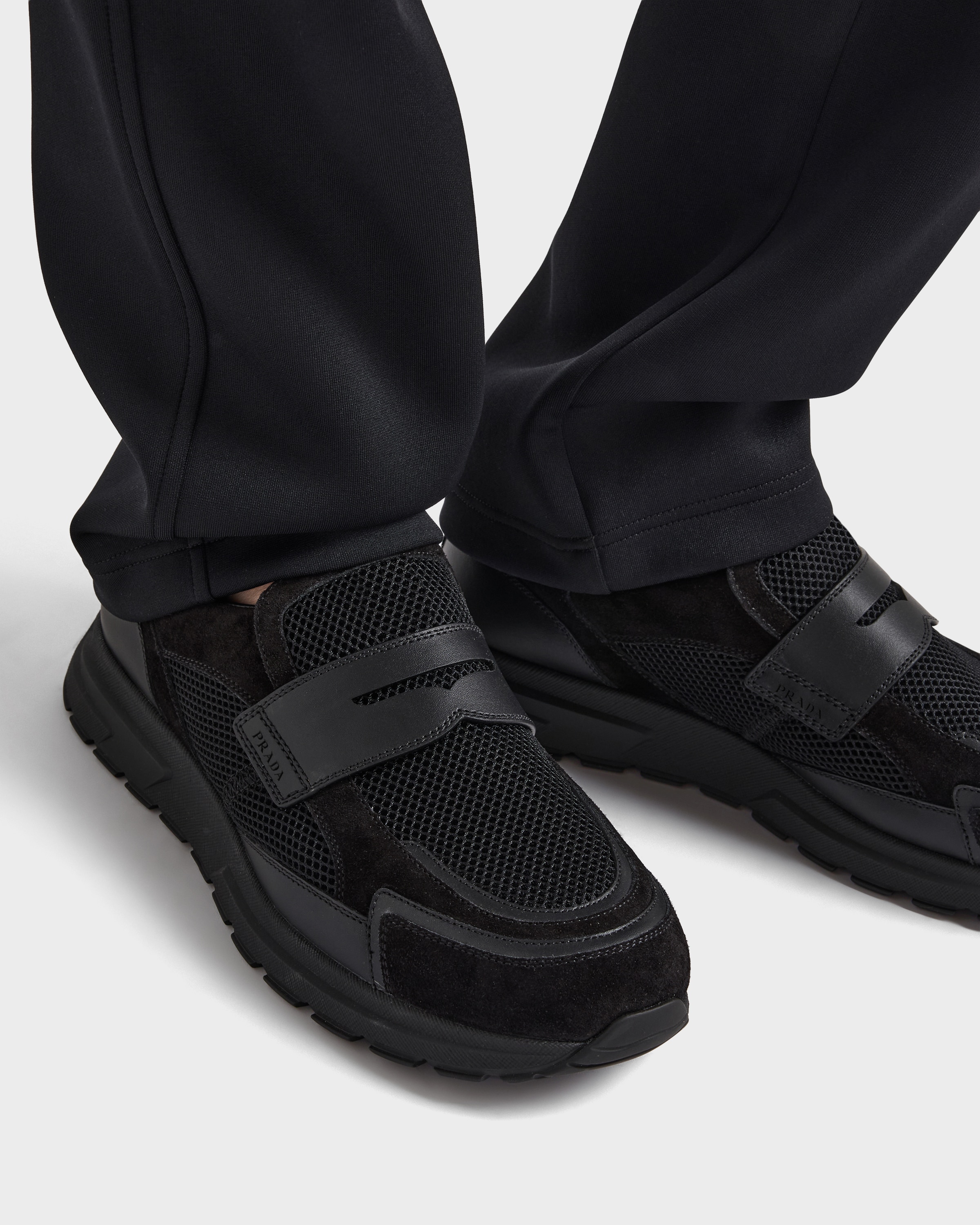 Black Prax Mesh Fabric And Leather Loafers | PRADA - United States