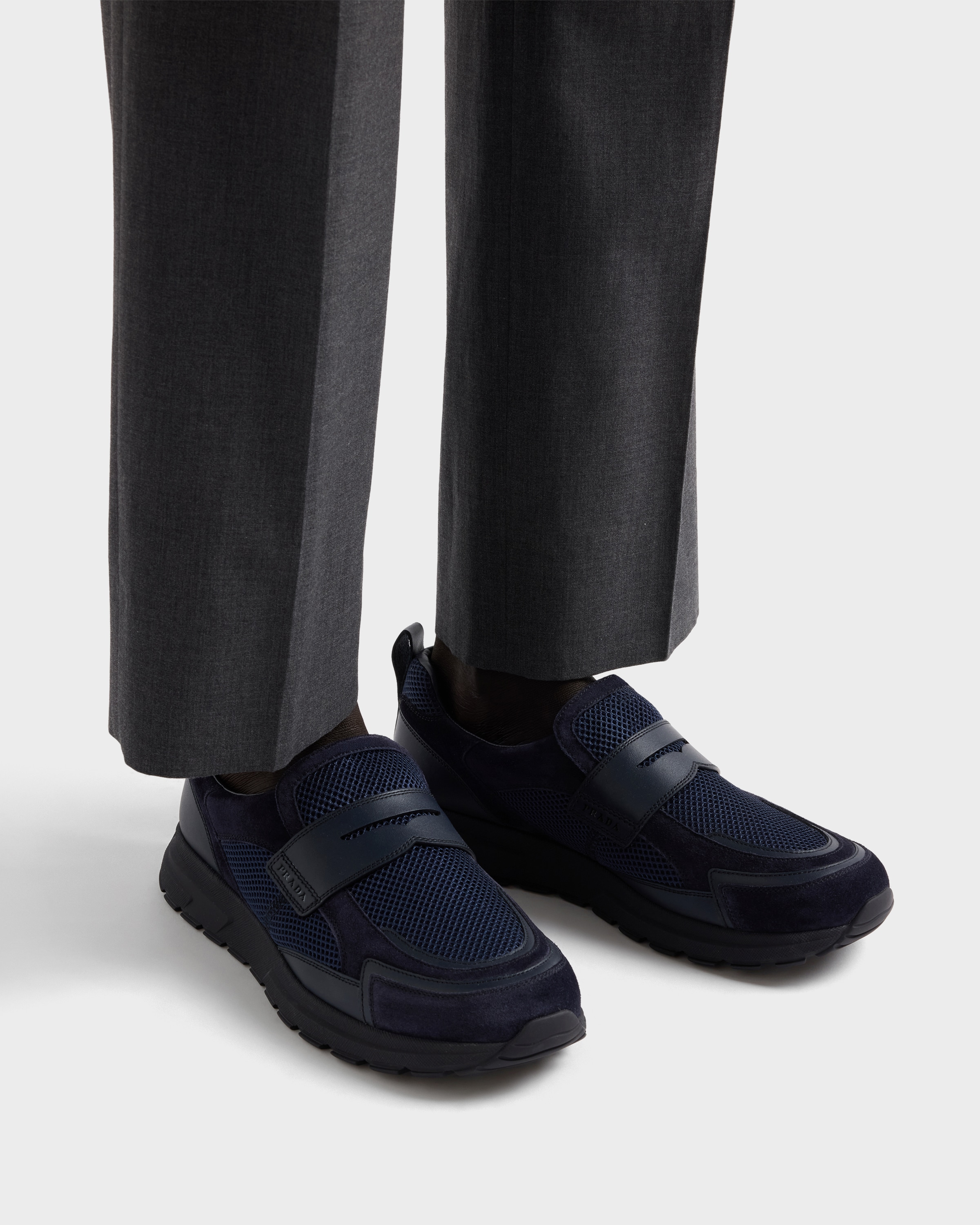 Navy Prax Mesh Fabric And Leather Loafers | PRADA - United States
