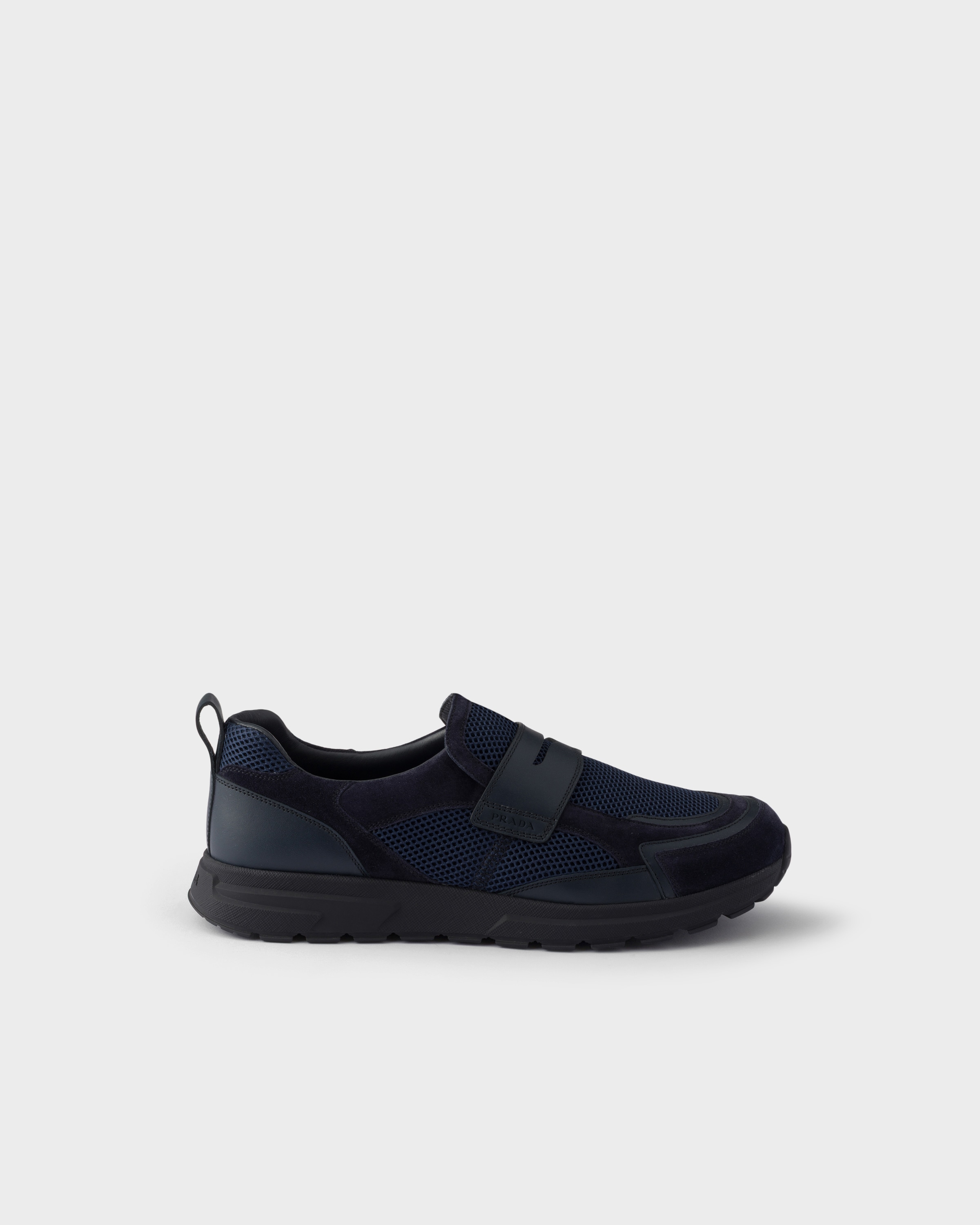Prada Prax mesh fabric and leather loafers