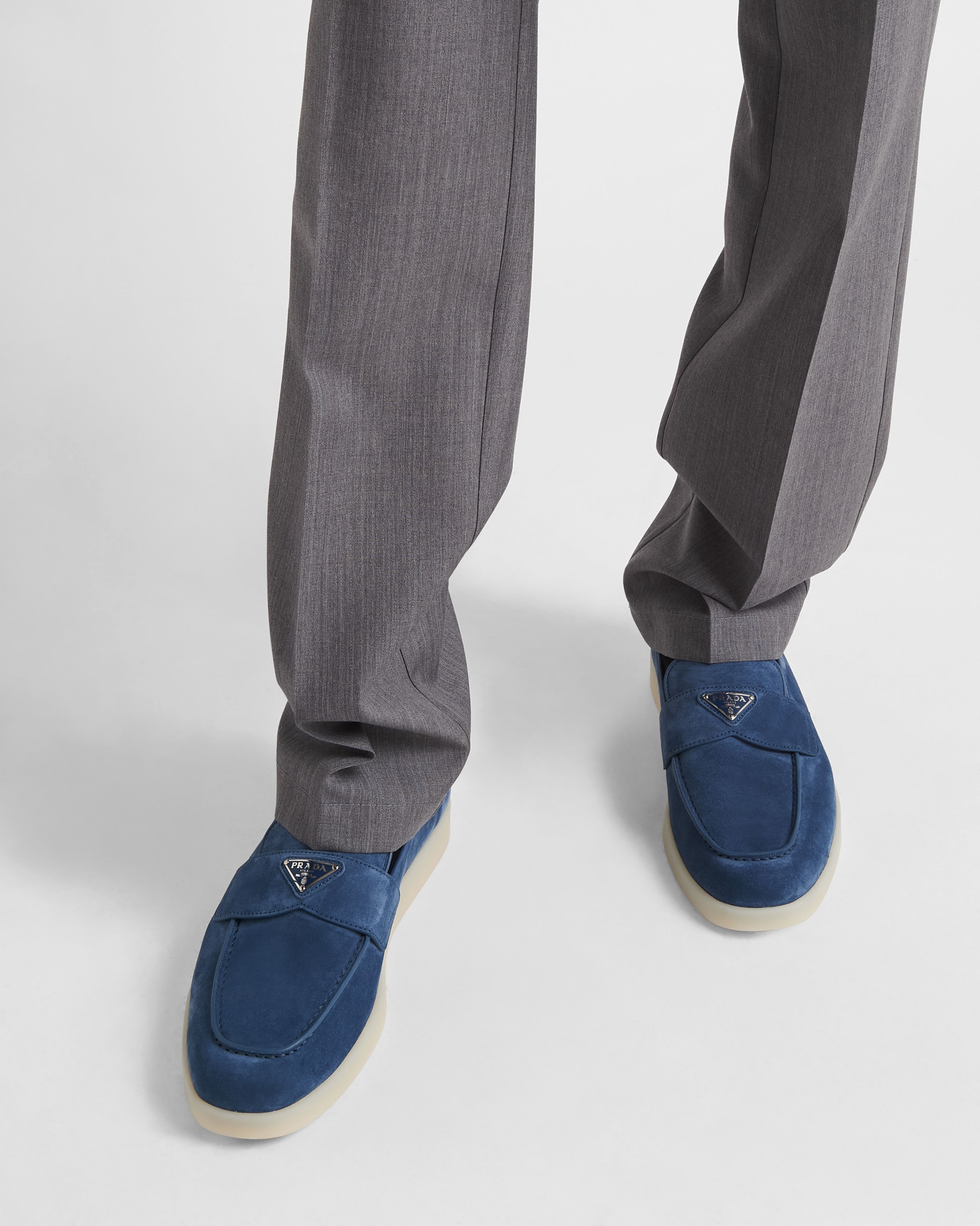 Shop Prada Suede Loafers In Astral Blue