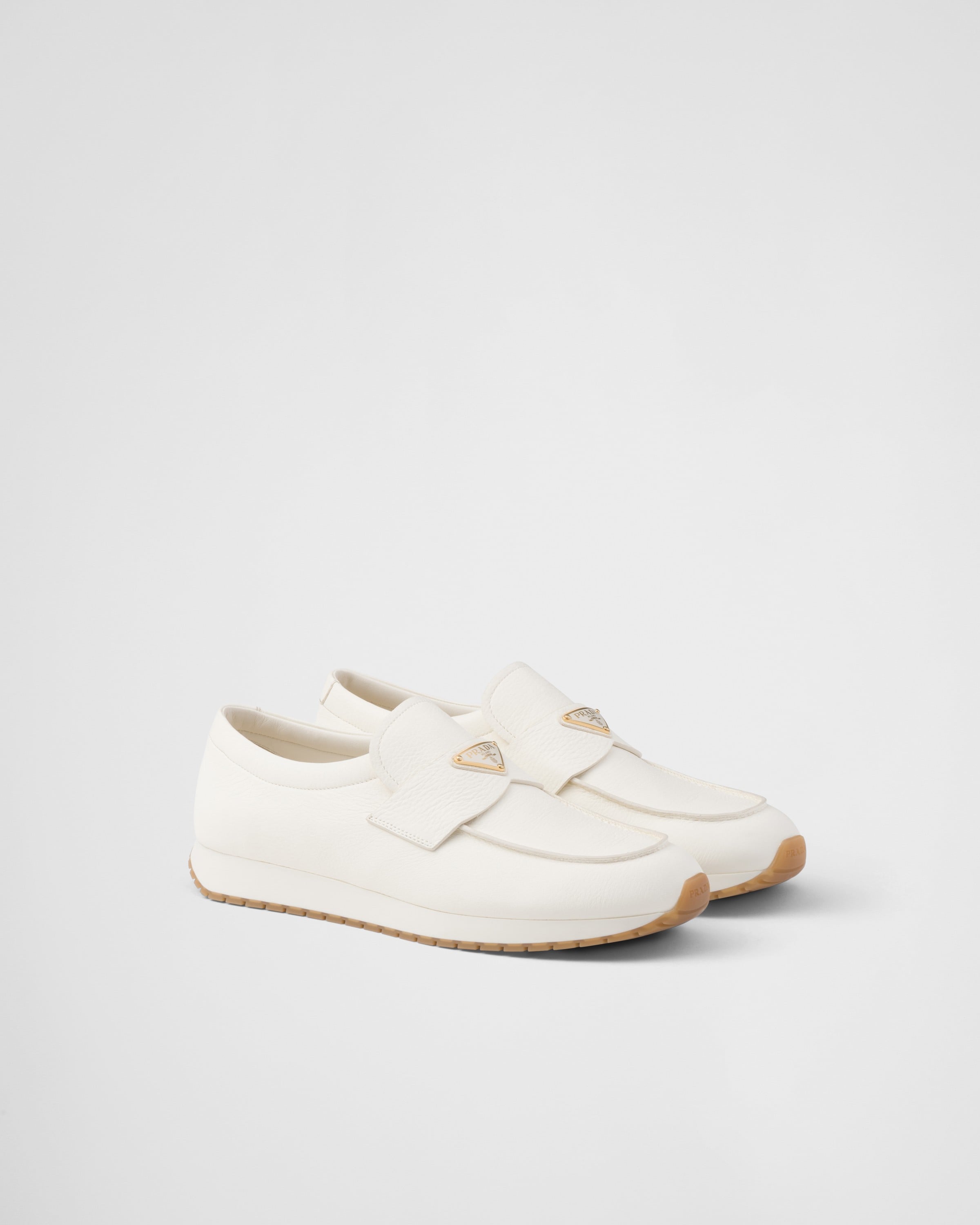 Shop Prada Leather Loafers In Ivory