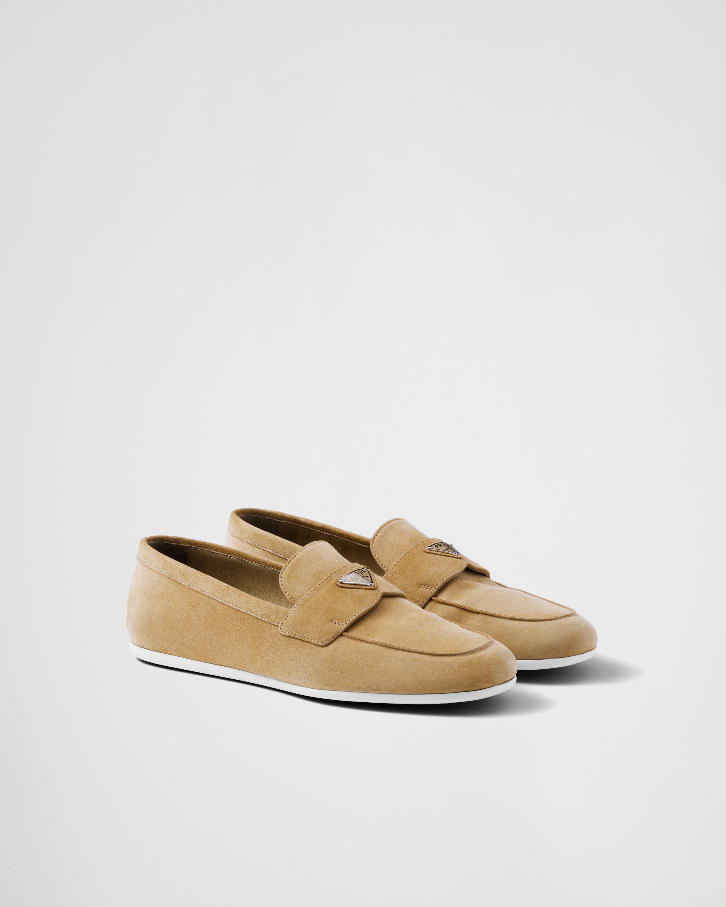 Shop Prada Suede Loafers In Ecru