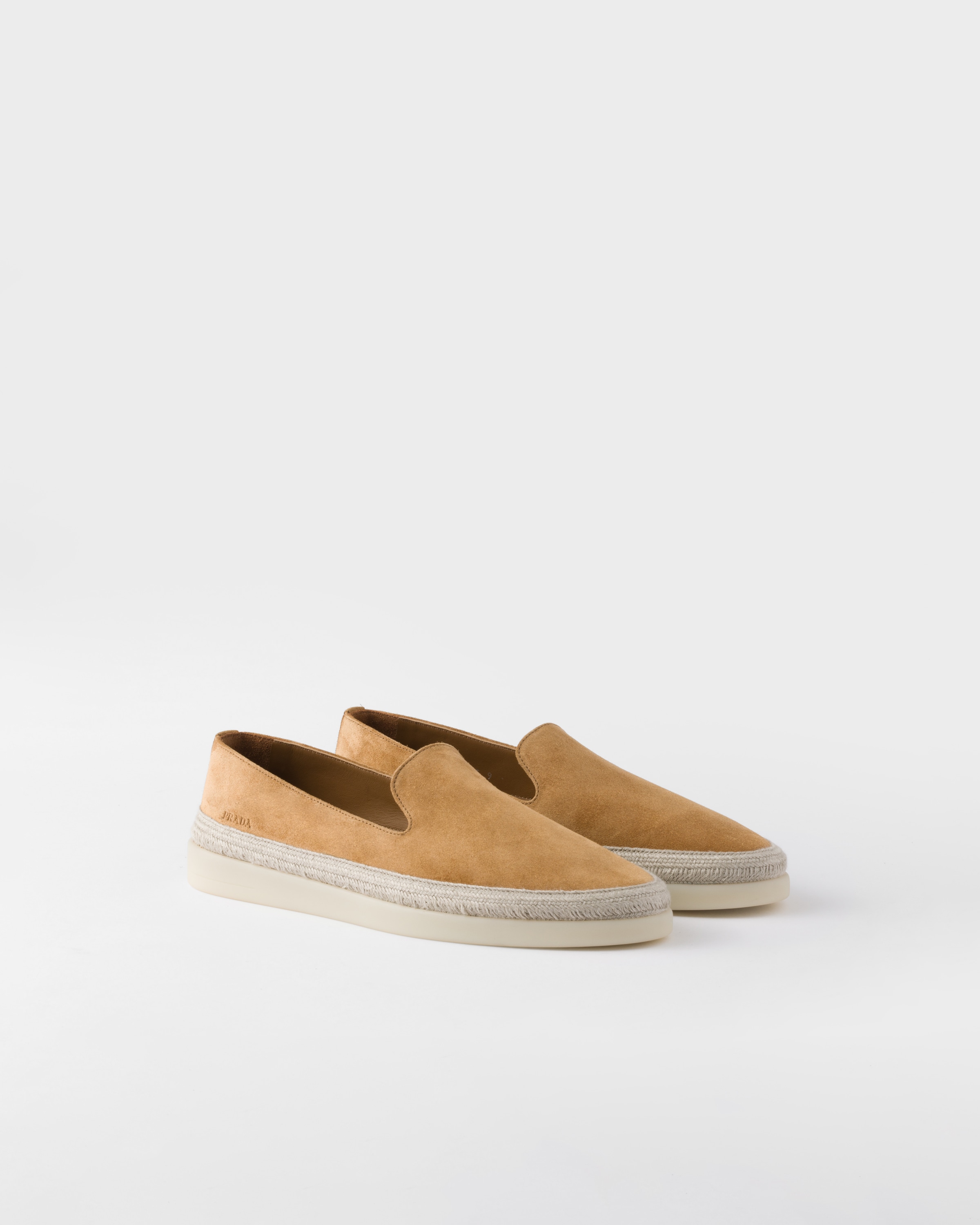 Prada Brown Suede Slip-on Flat Shoes With Textured Sole In Cinnamon