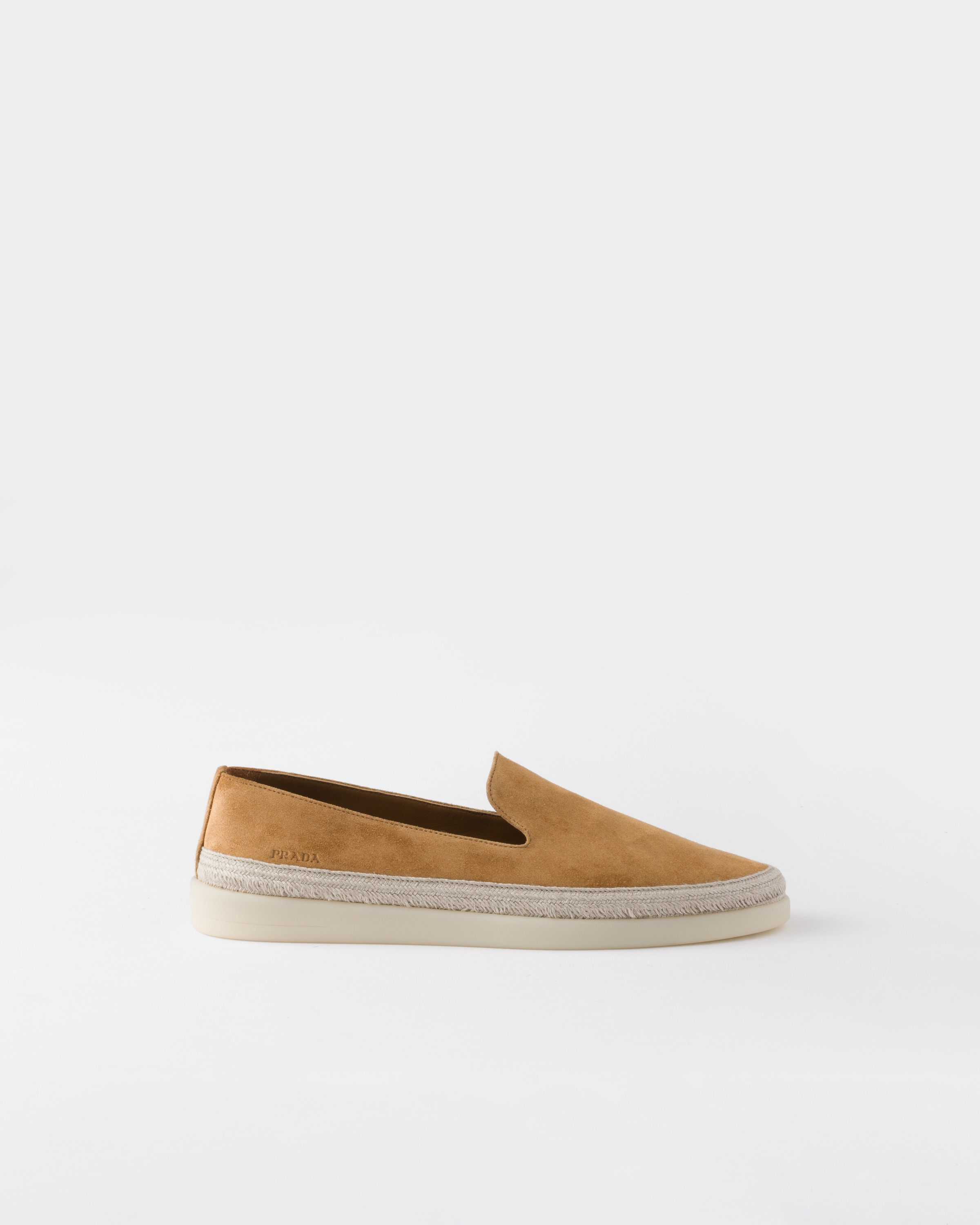 Prada Brown Suede Slip-on Flat Shoes With Textured Sole In Cinnamon