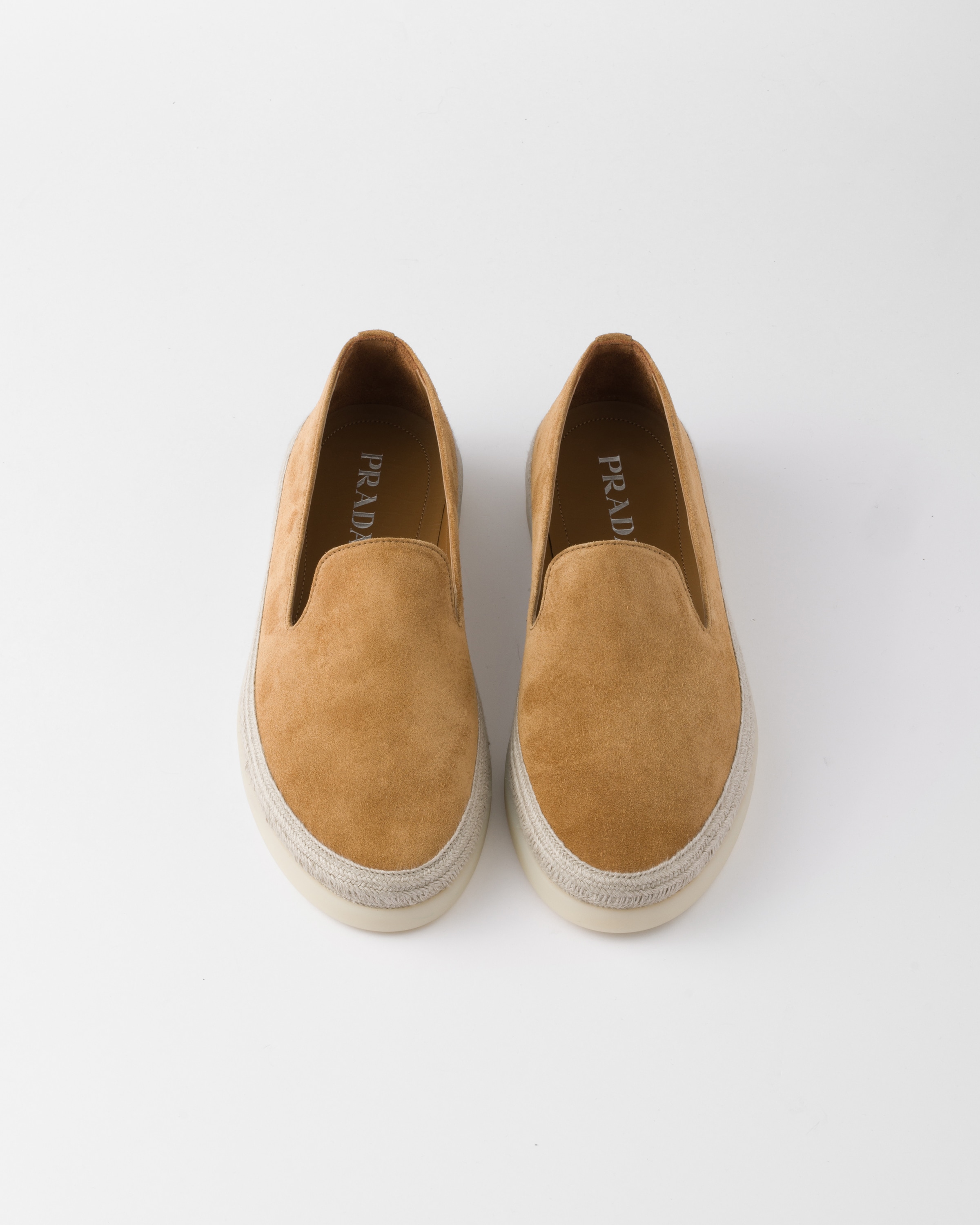 Prada Brown Suede Slip-on Flat Shoes With Textured Sole In Cinnamon