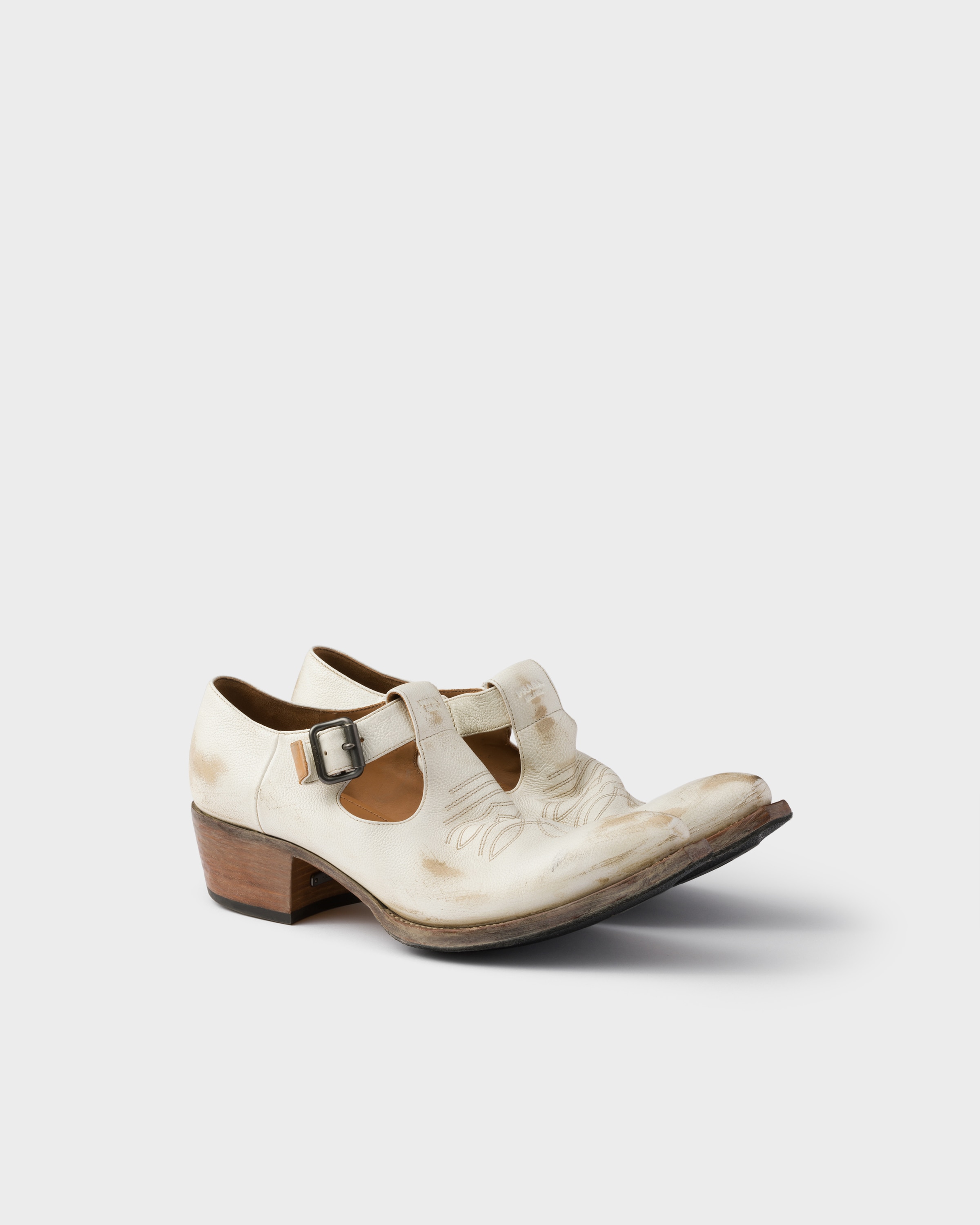 Prada Antiqued Leather Shoes With Buckle In White