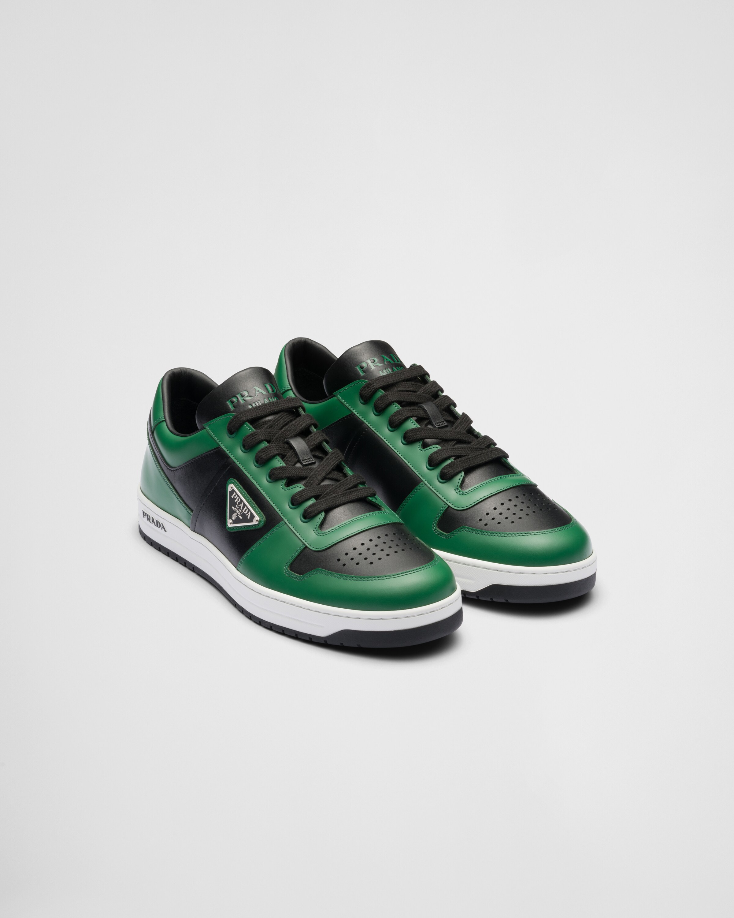 Prada Downtown Leather Sneakers In Black/green | ModeSens