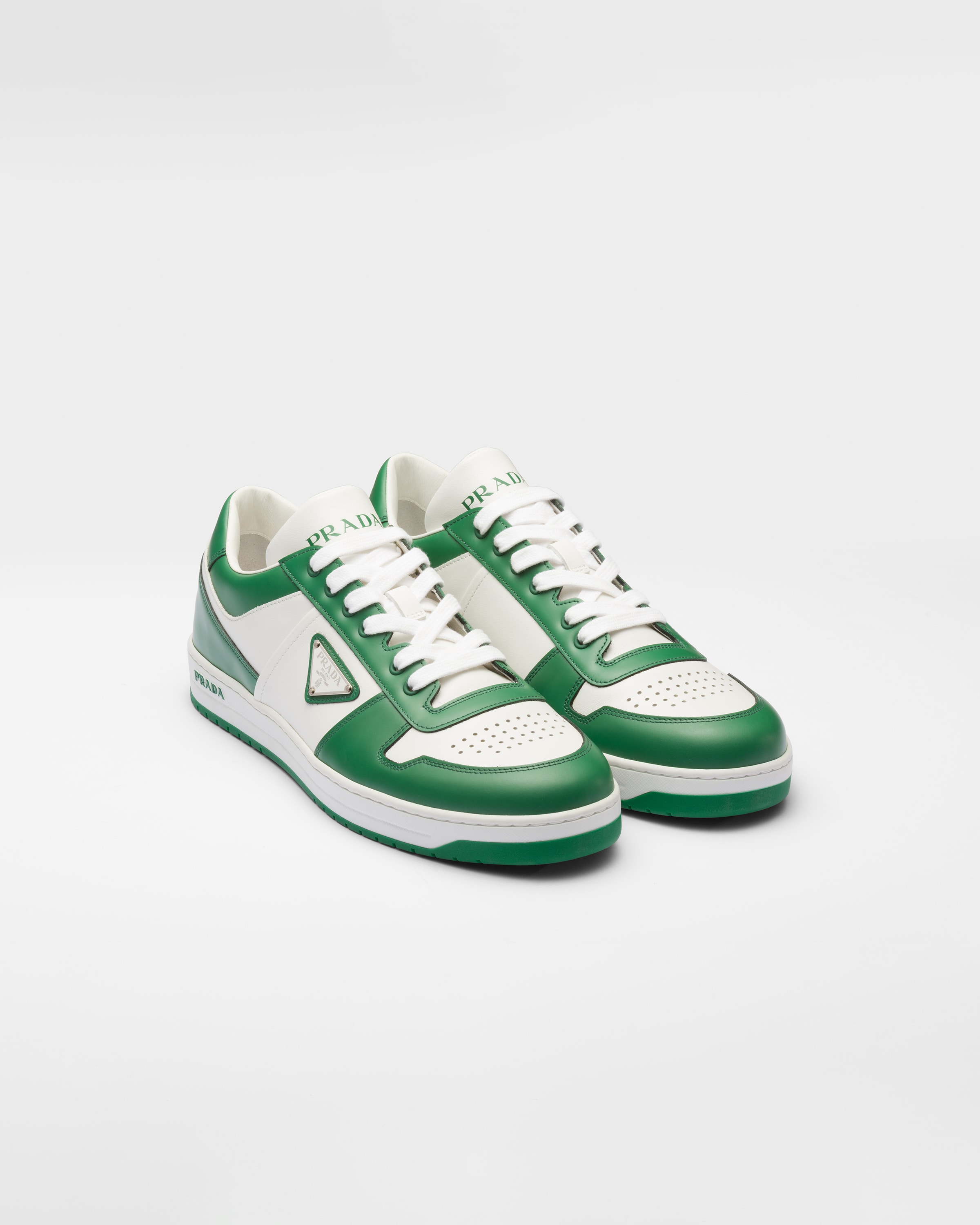 White/green Downtown Leather Sneakers | PRADA