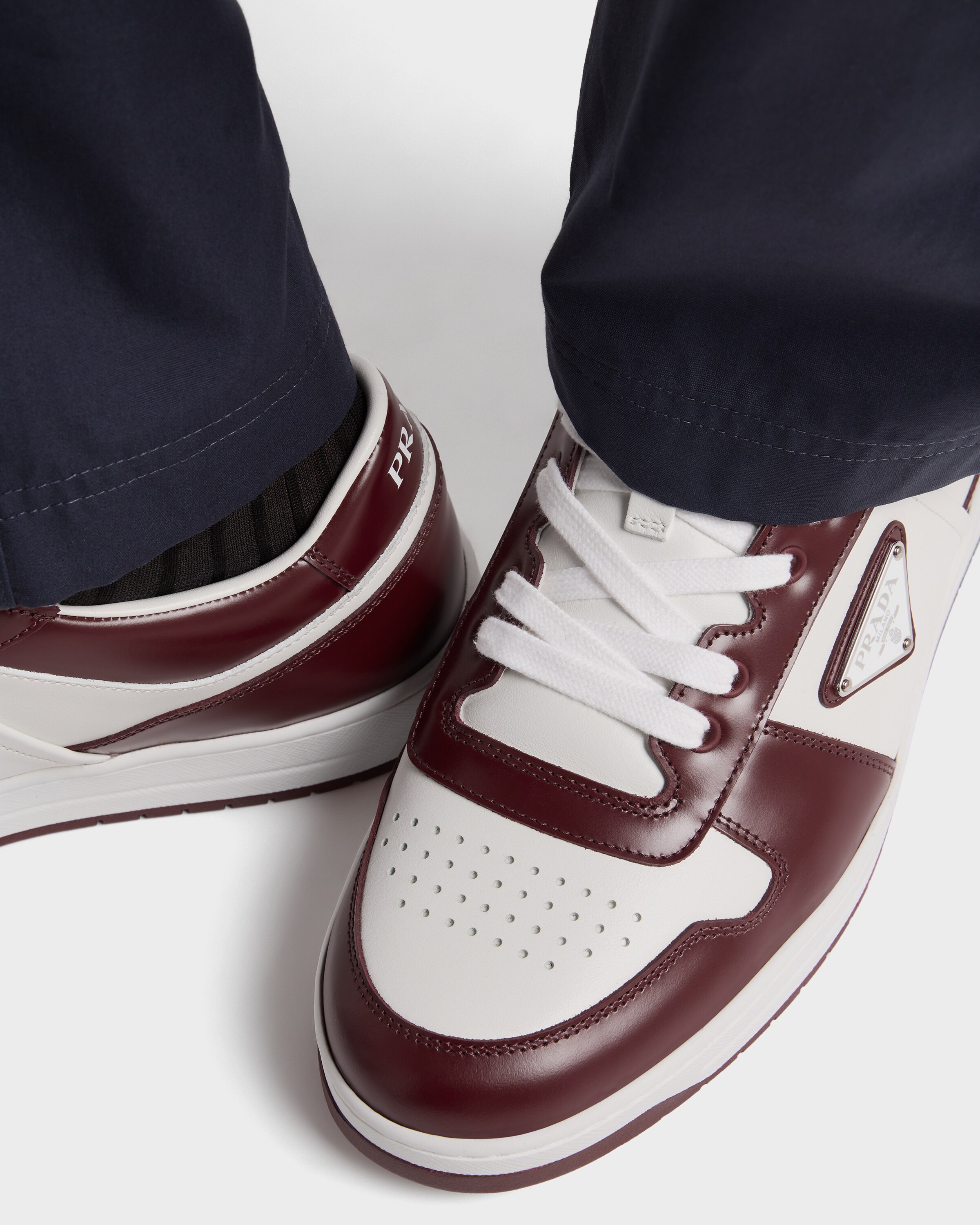 White/burgundy Downtown Leather Sneakers | PRADA