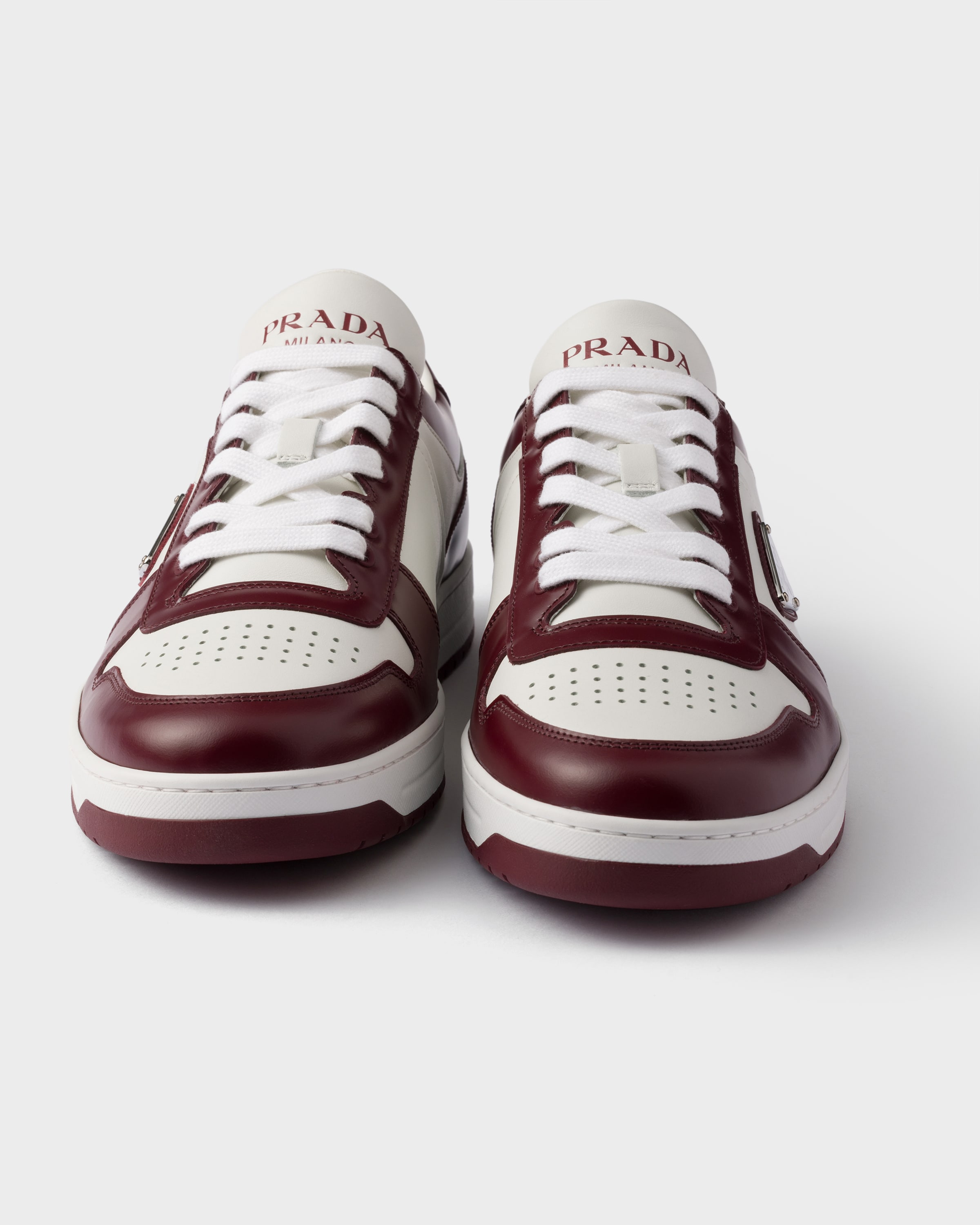 White/burgundy Downtown Leather Sneakers | PRADA