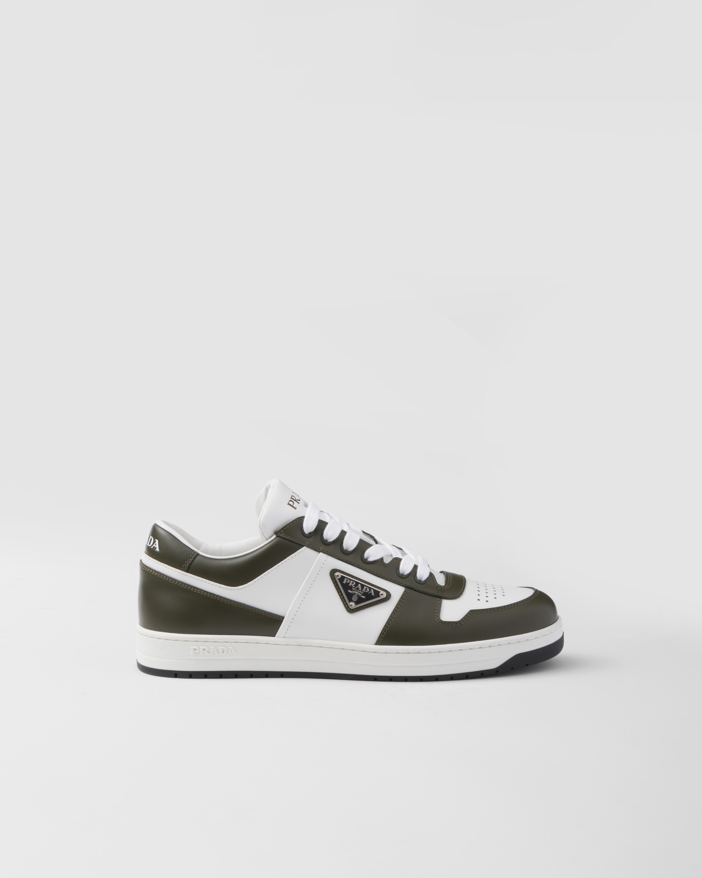 Shop Prada Downtown Leather Sneakers In White/military Green