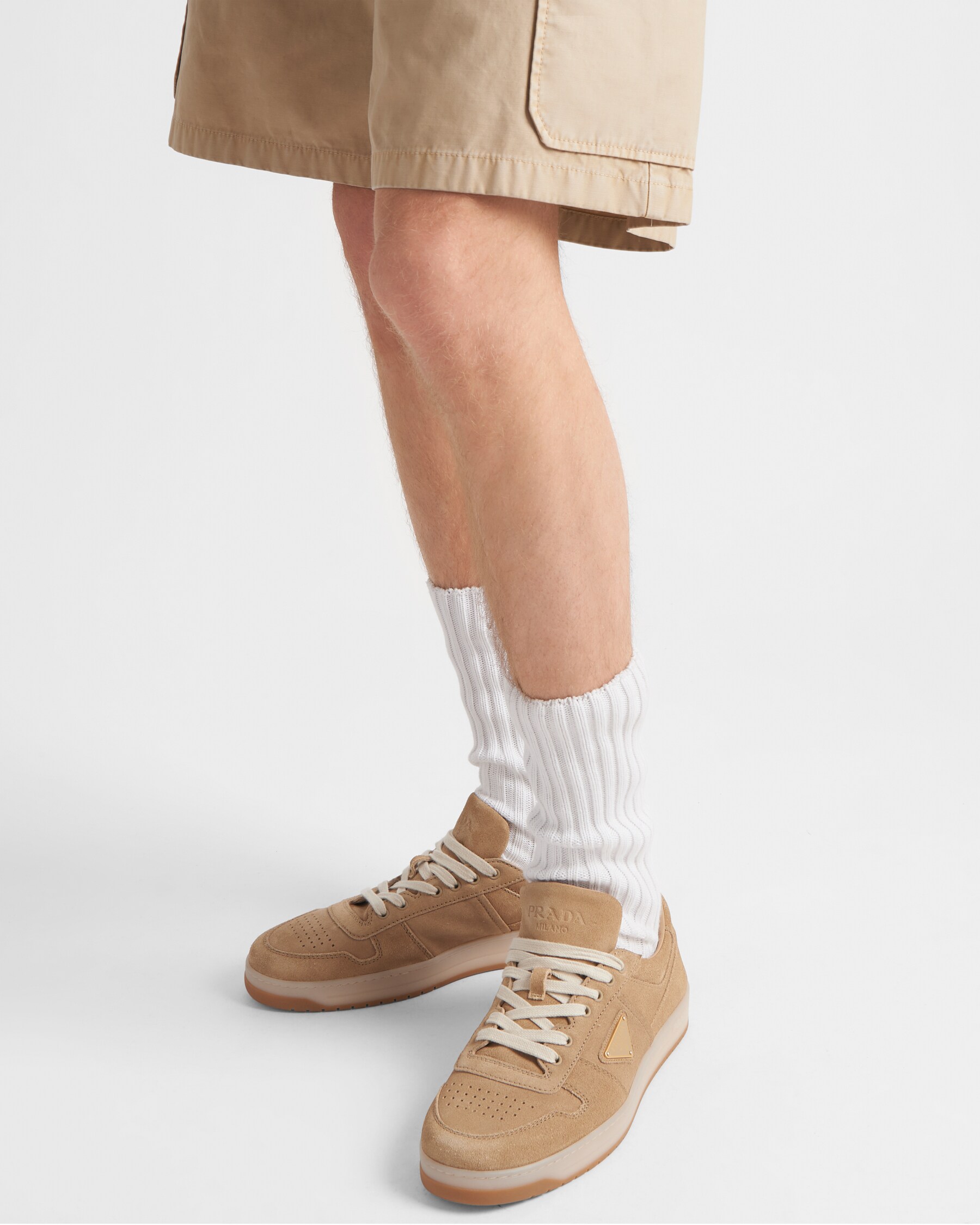 Ecru Downtown Delav Suede Sneakers | PRADA