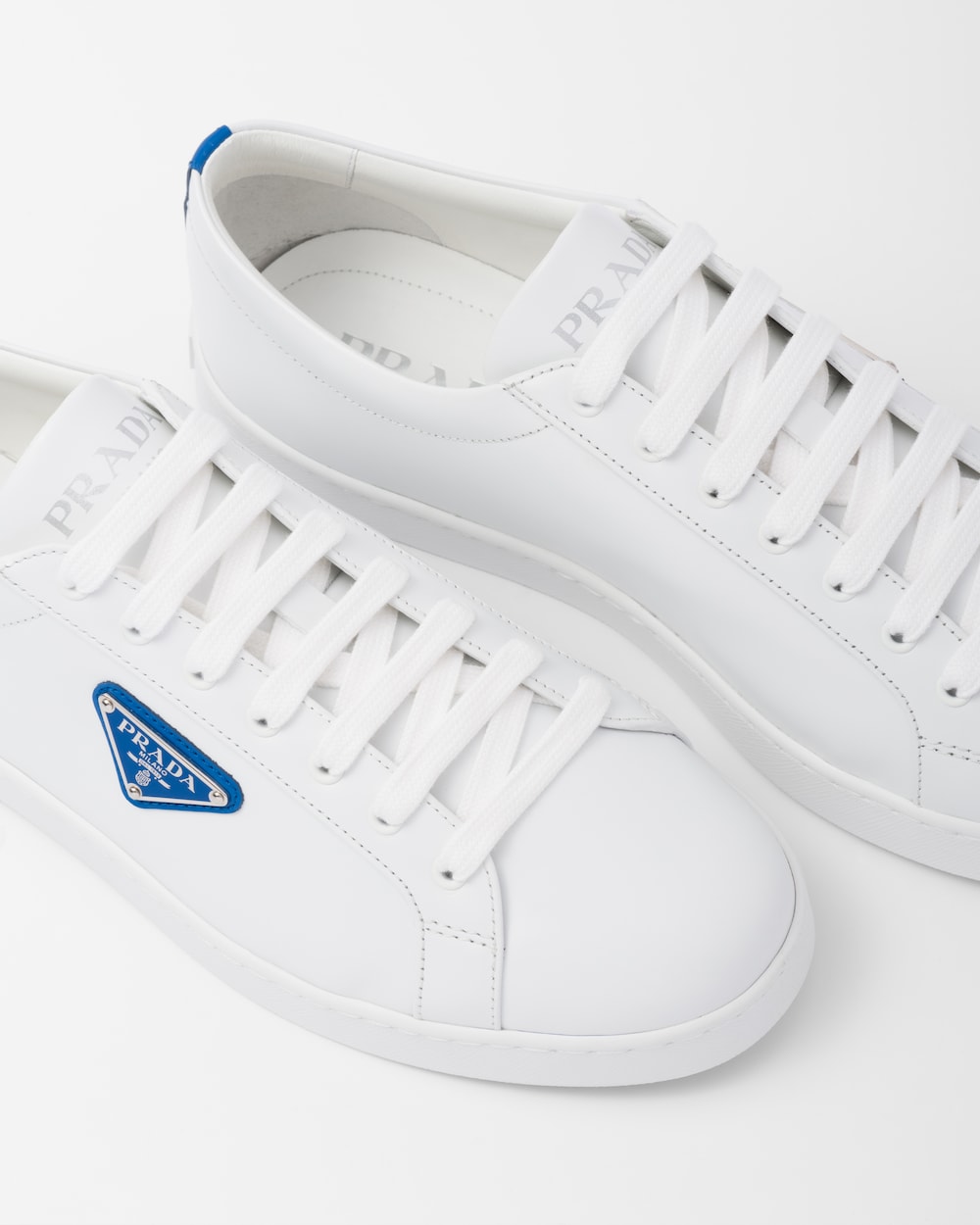 Prada Brushed Leather Sneakers, Men, White/Cobalt Blue, Size 8.5