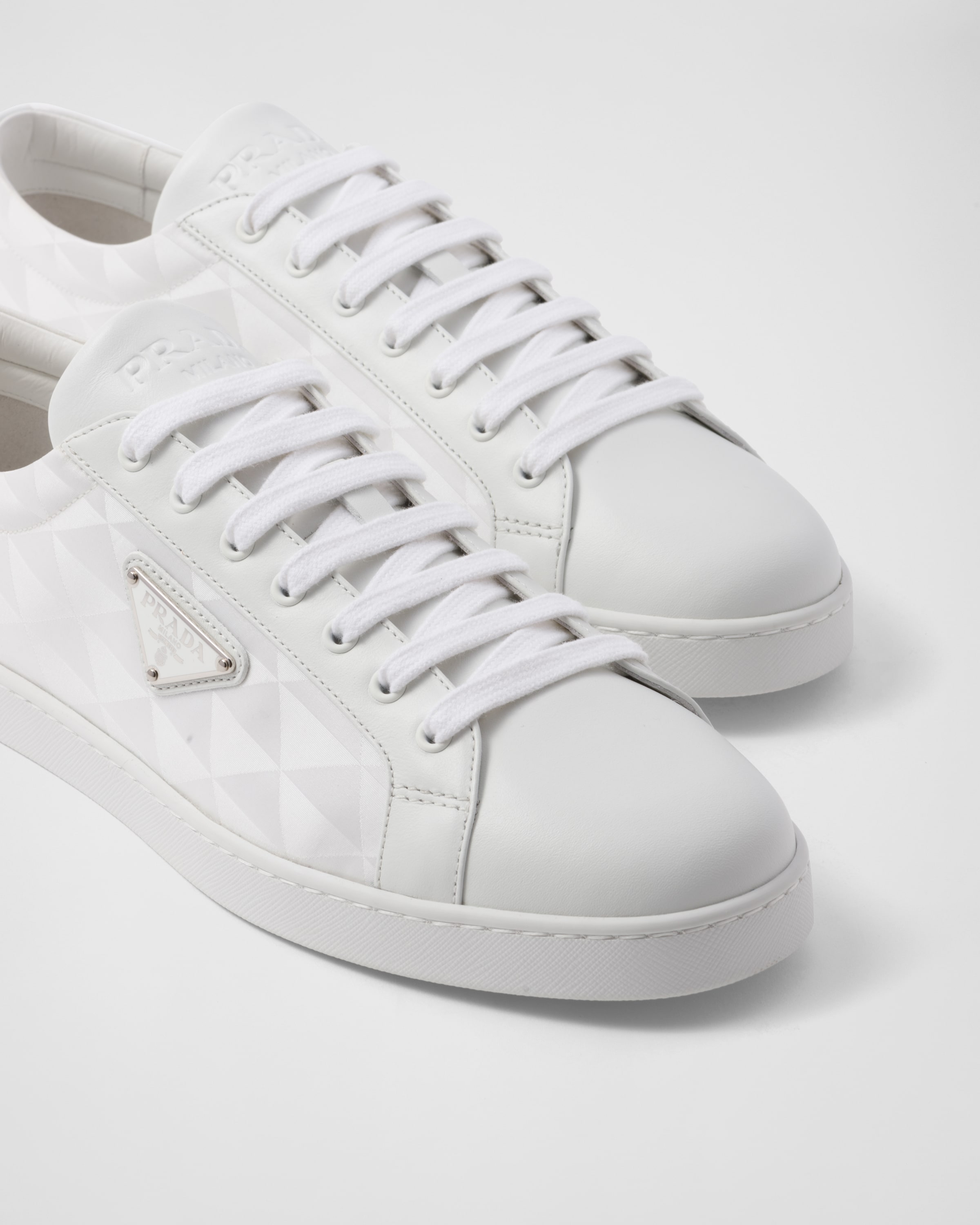 White Leather And Re nylon Sneakers PRADA