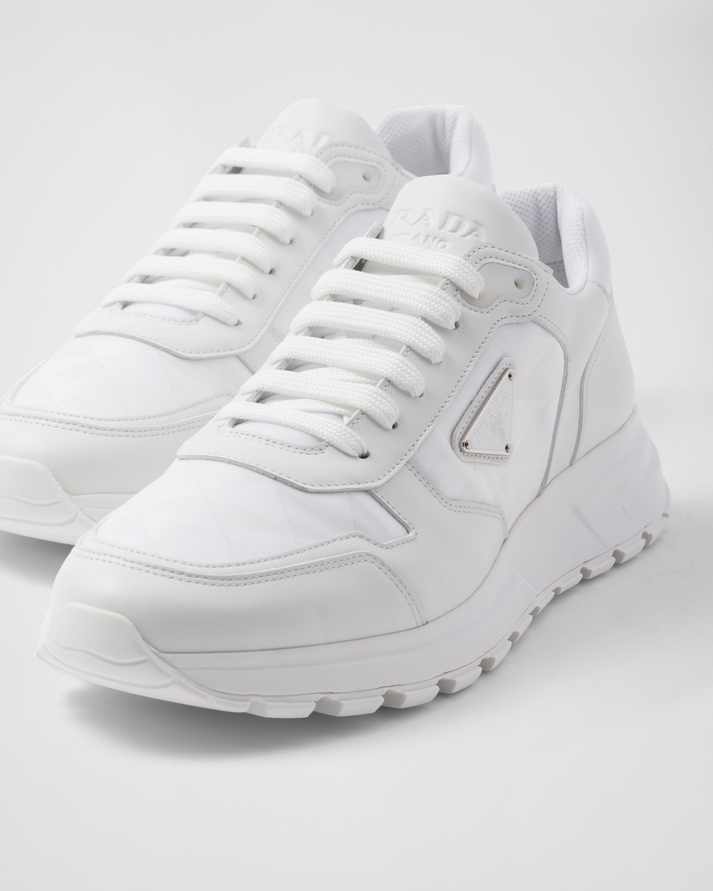 White Leather And Re nylon High top Sneakers PRADA