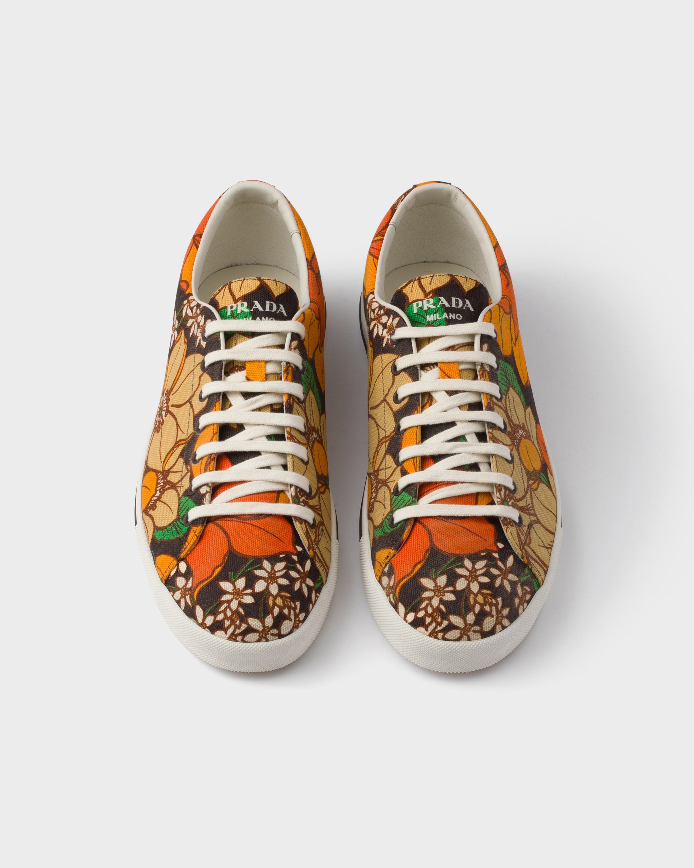 【PRADA】プリントキャンバススニーカー ダークブラウン レースアップ フローラルプリント キャンバス