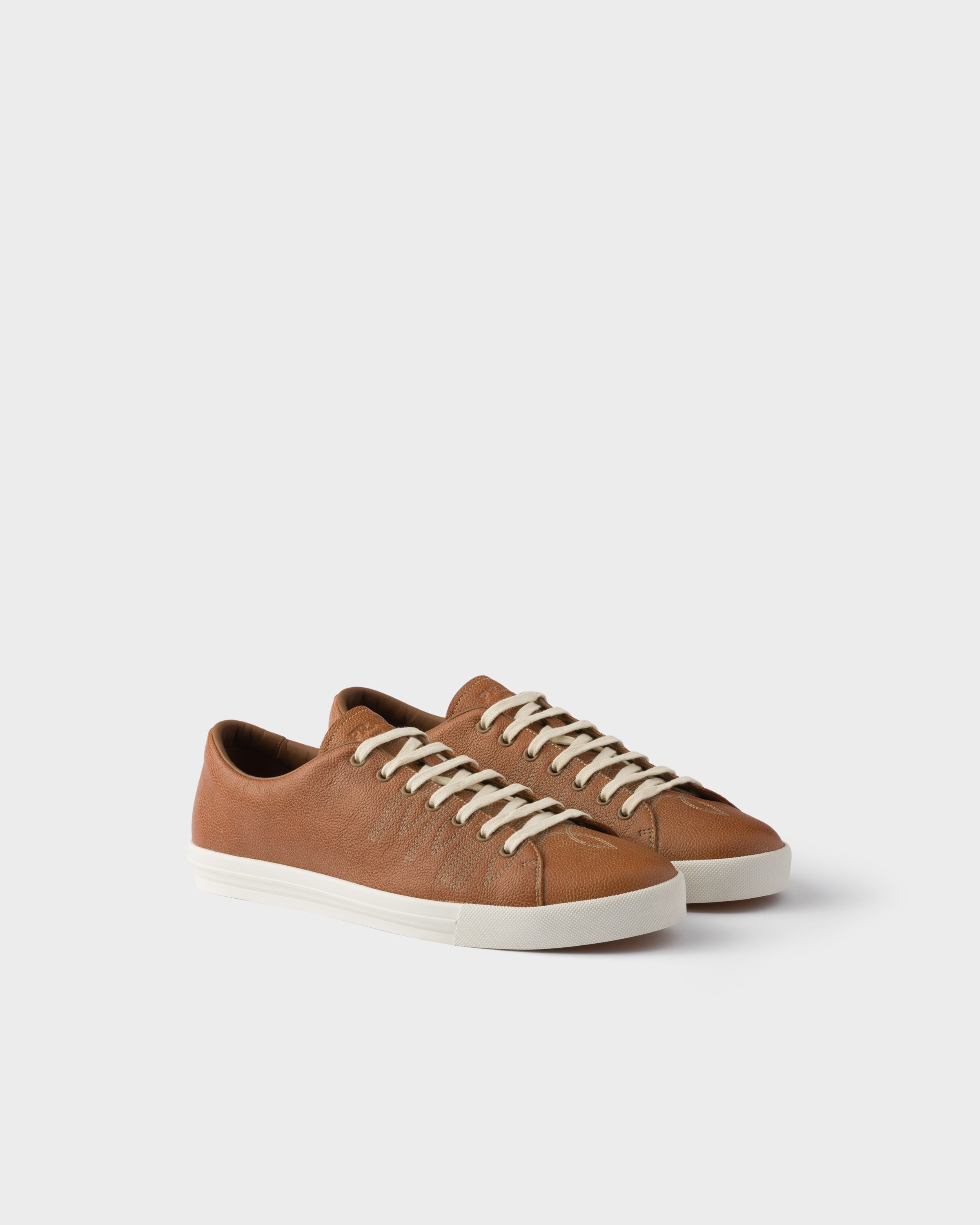 Prada Aged-effect Leather Sneakers In Brown