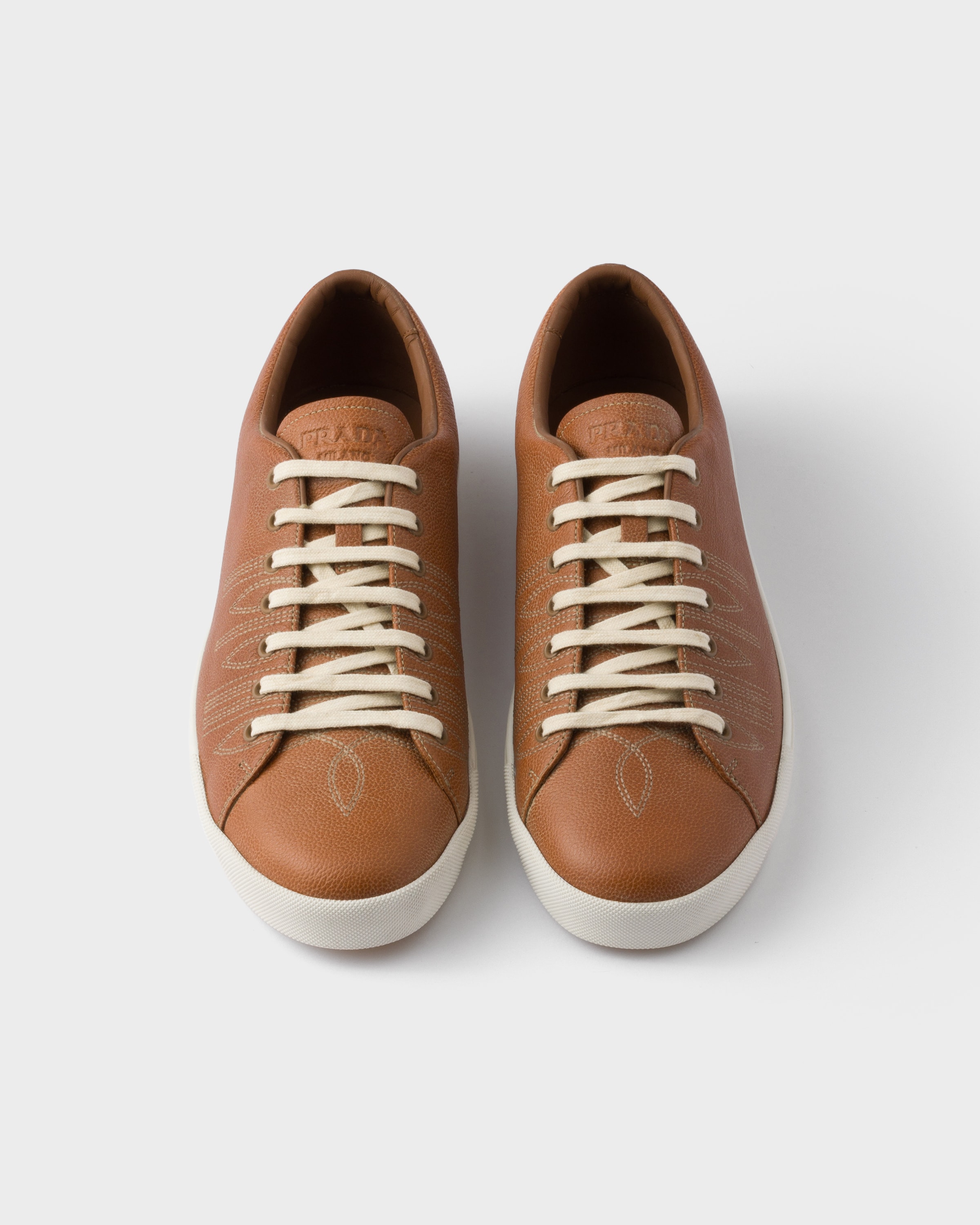 Prada Aged-effect Leather Sneakers In Brown