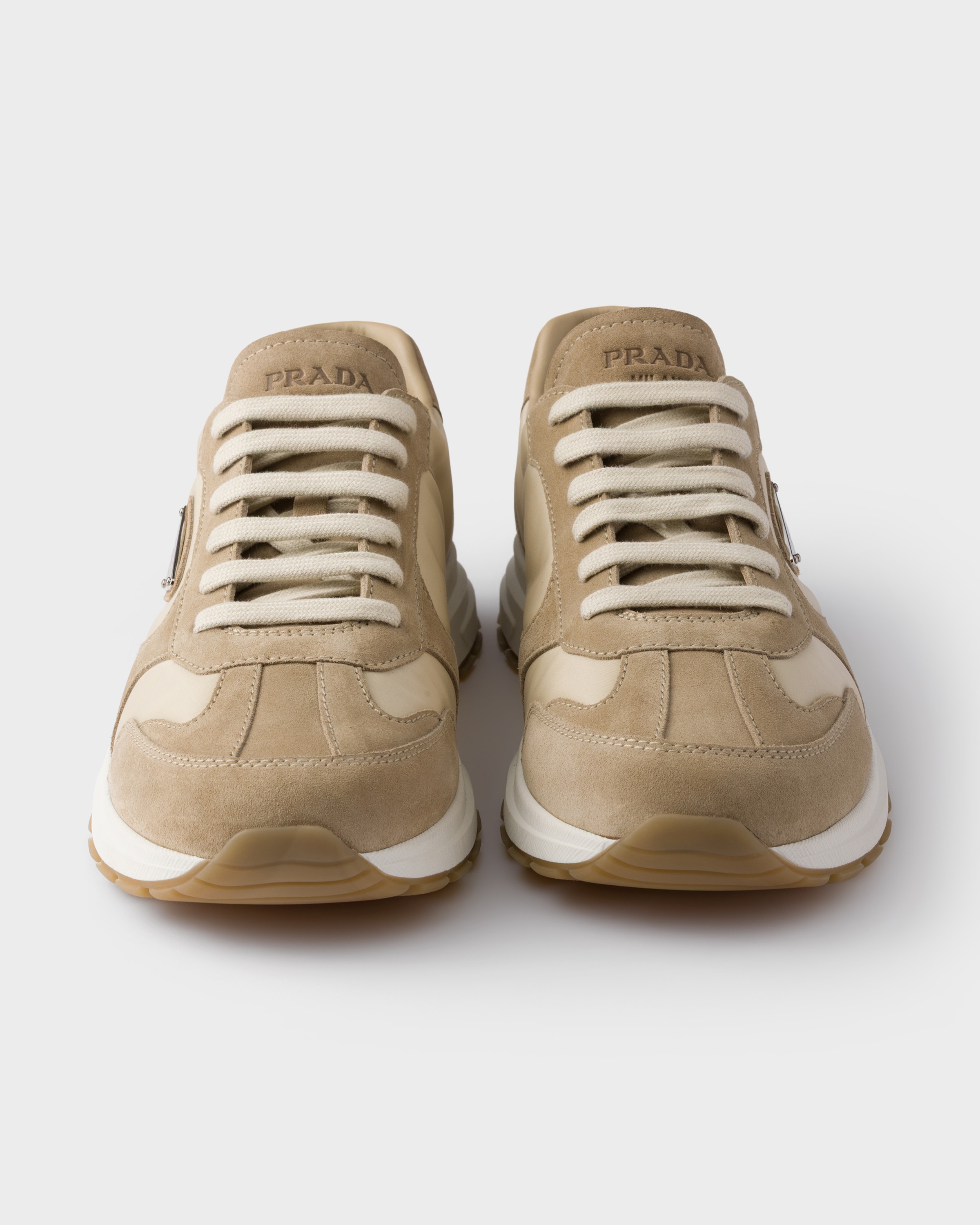 Desert/Ivory Prax suede and Re-Nylon sneakers | PRADA - United States