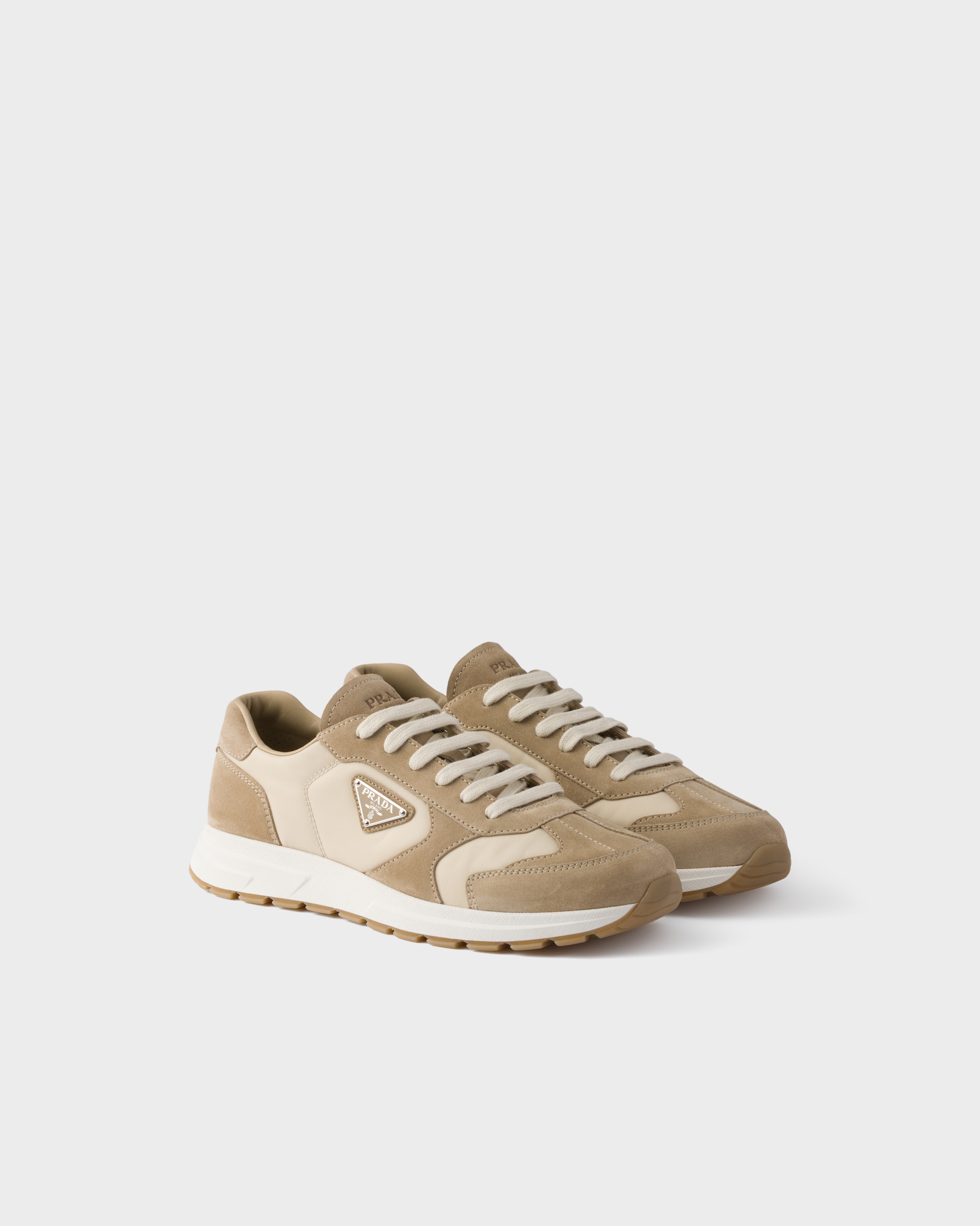 Desert/Ivory Prax suede and Re-Nylon sneakers | PRADA - Austria