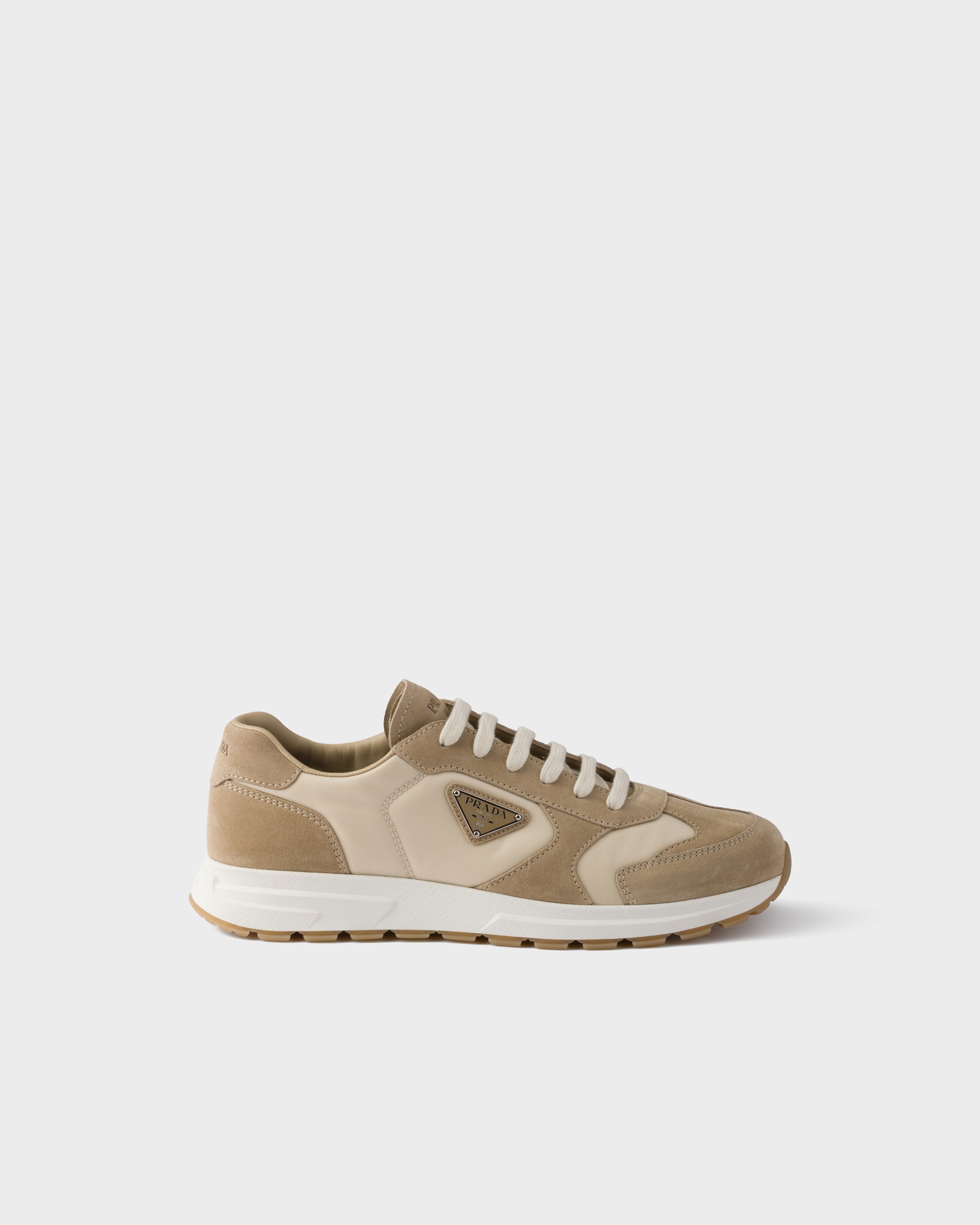 Desert/Ivory Prax suede and Re-Nylon sneakers | PRADA - United States