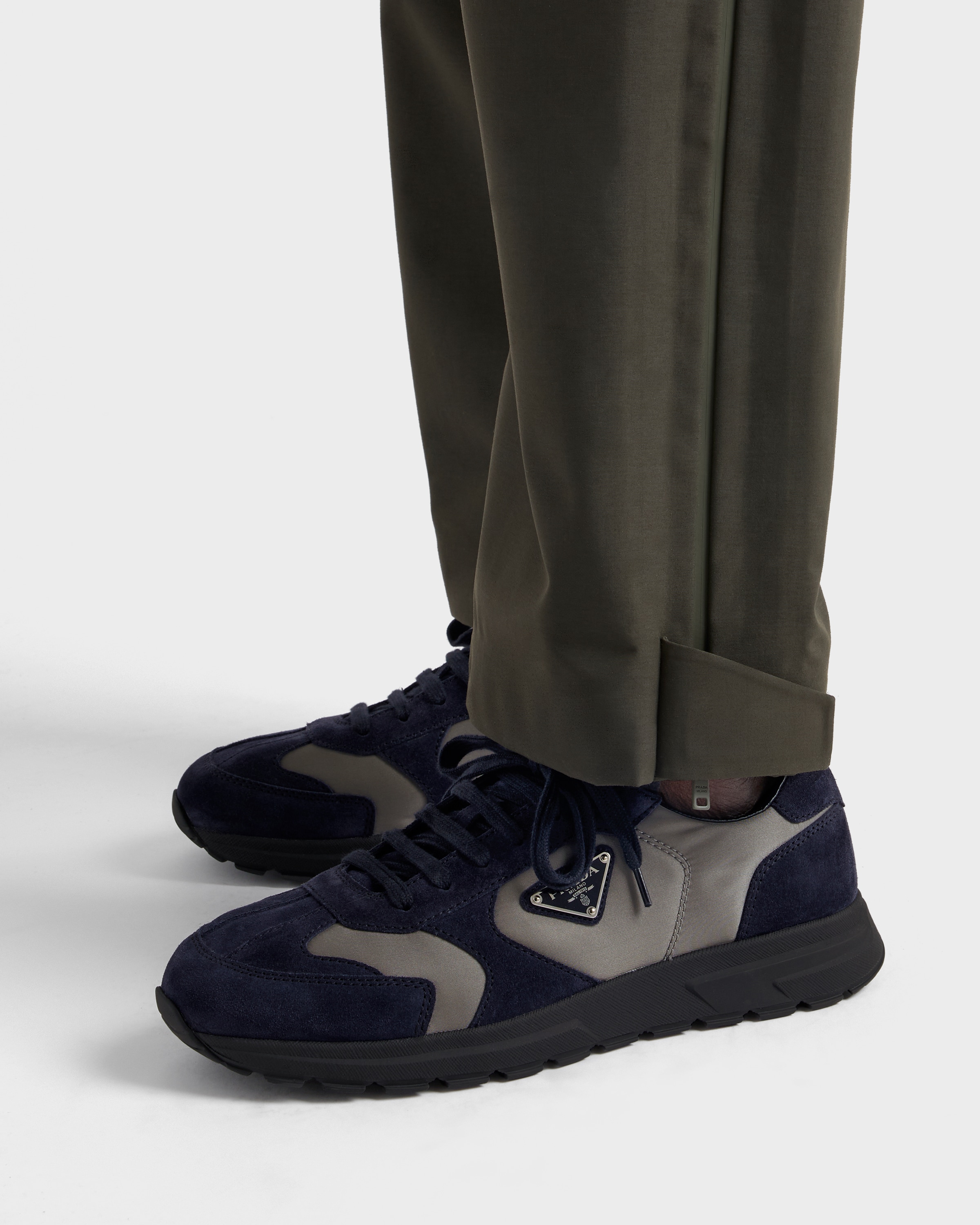 Blue/Iron Prax suede and Re-Nylon sneakers | PRADA - United States