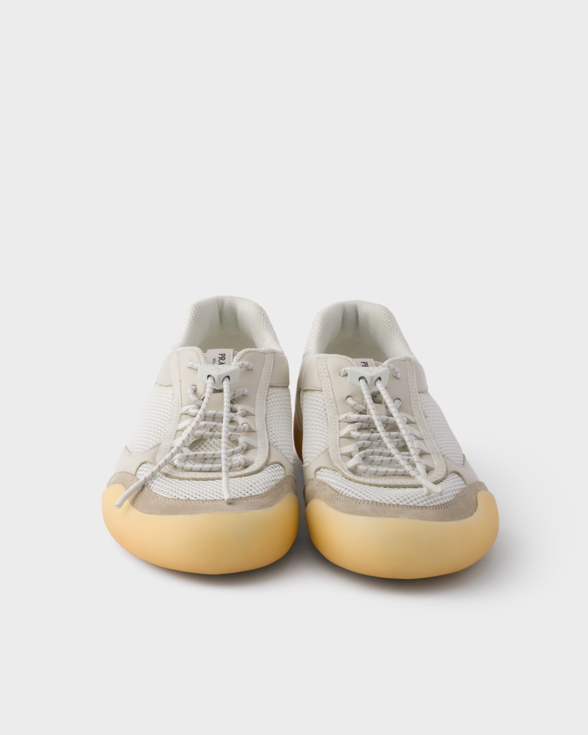 Chalk White Speedrock Leather And Mesh Fabric Sneakers | PRADA