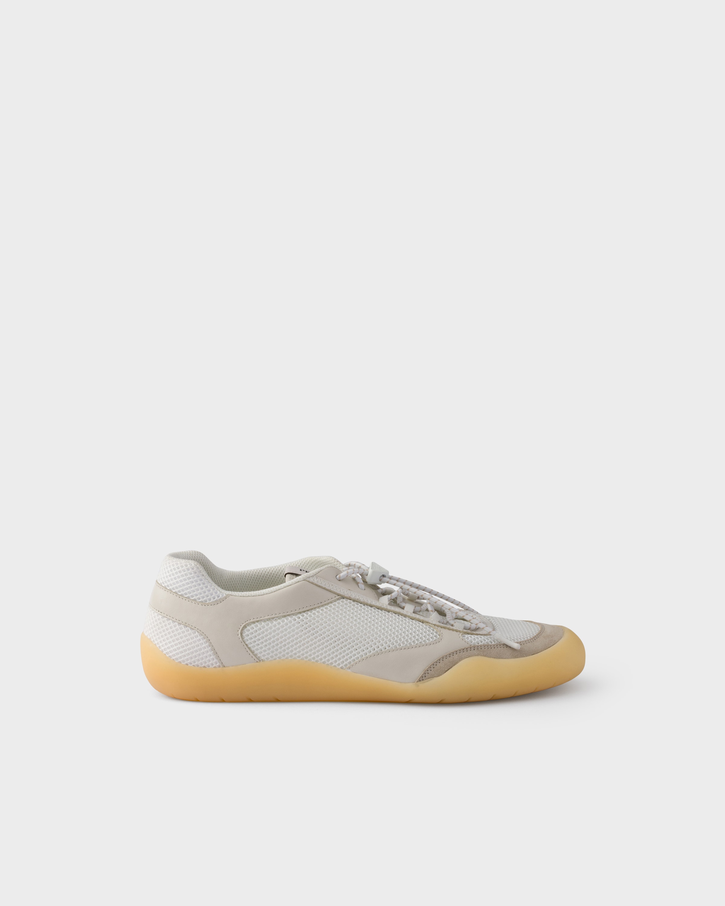 Chalk White Speedrock leather and mesh fabric sneakers | PRADA