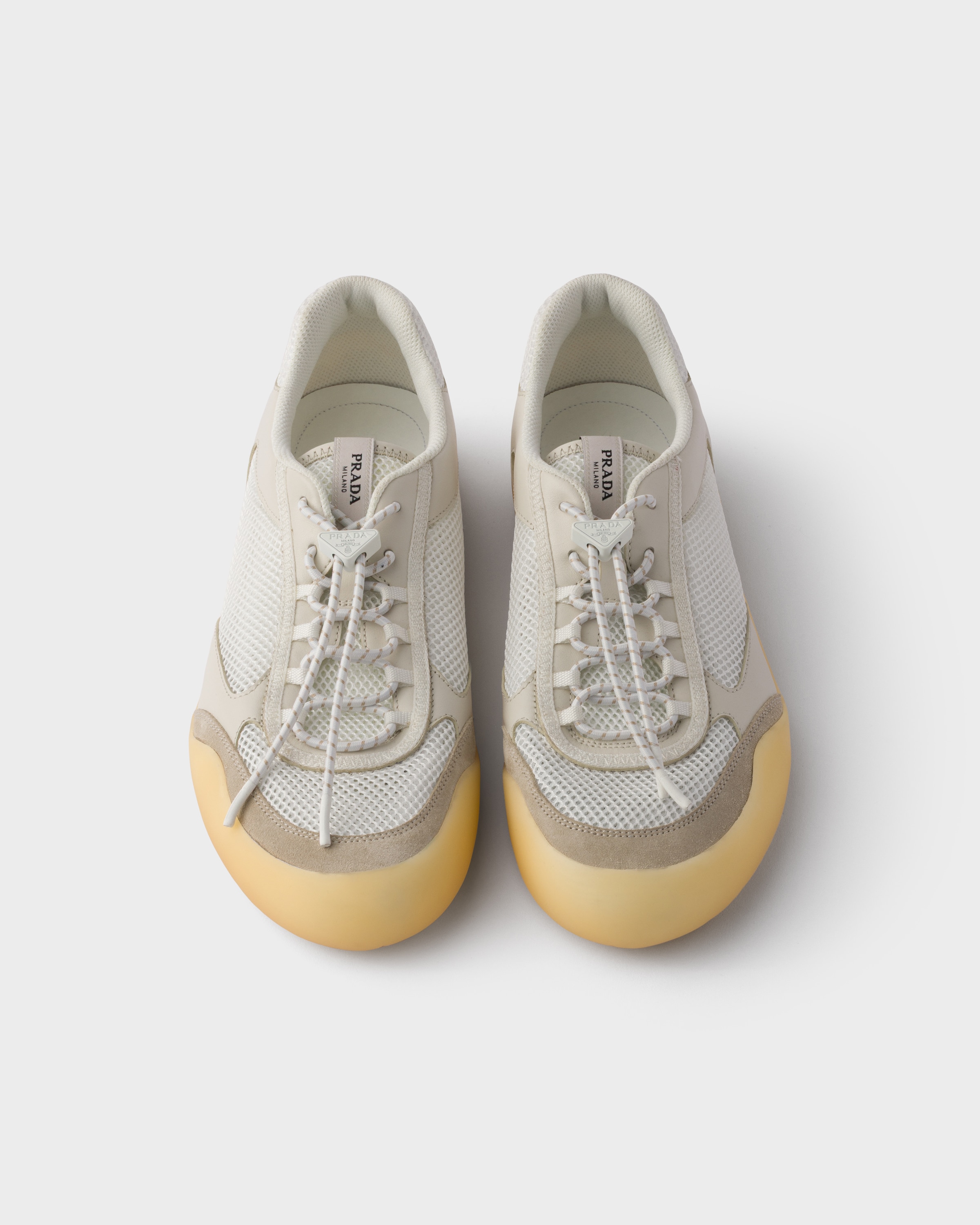 Chalk White Speedrock leather and mesh fabric sneakers | PRADA