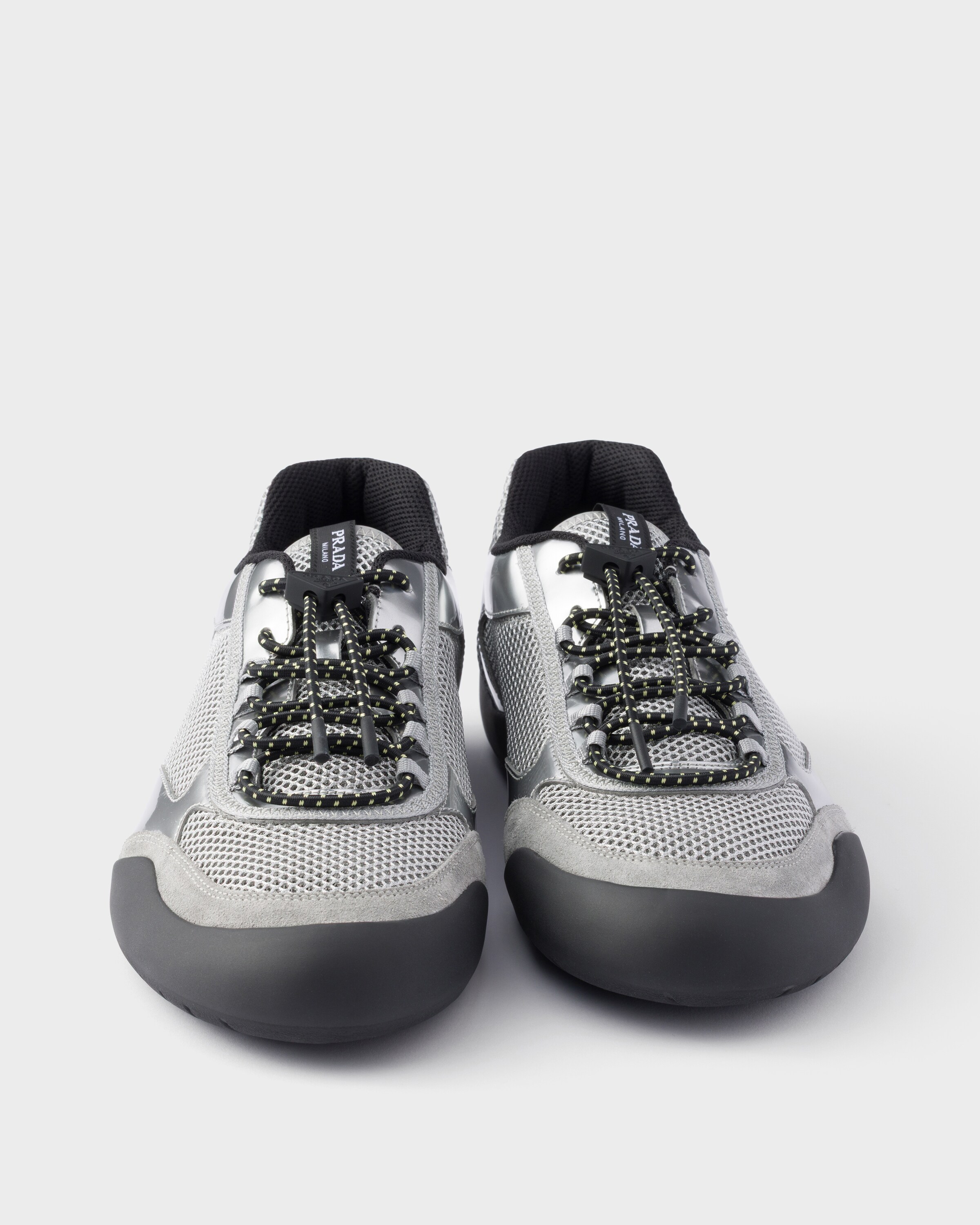 Silver Speedrock mesh fabric and metallic leather sneakers | PRADA