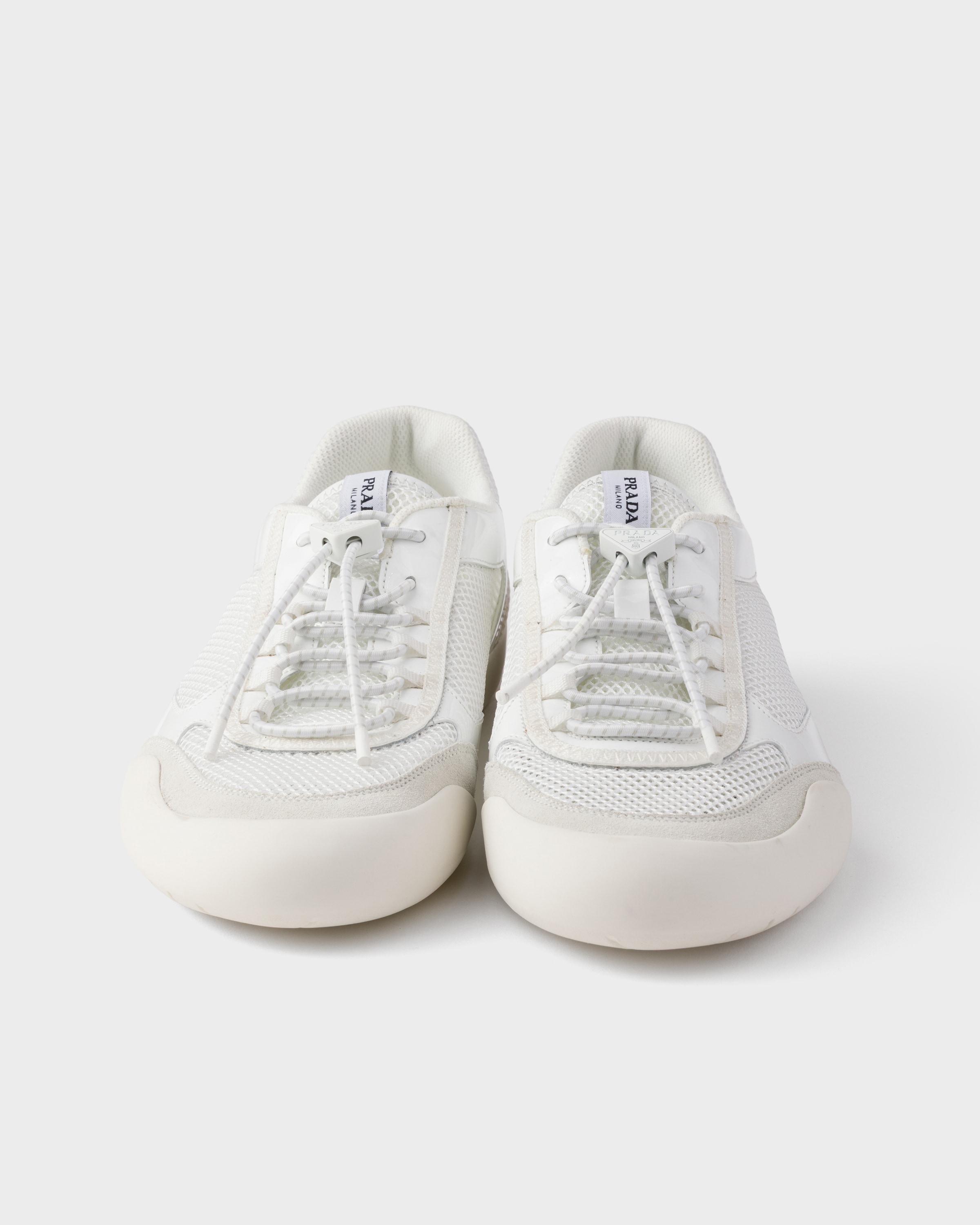 White Speedrock Patent Leather And Mesh Fabric Sneakers | PRADA