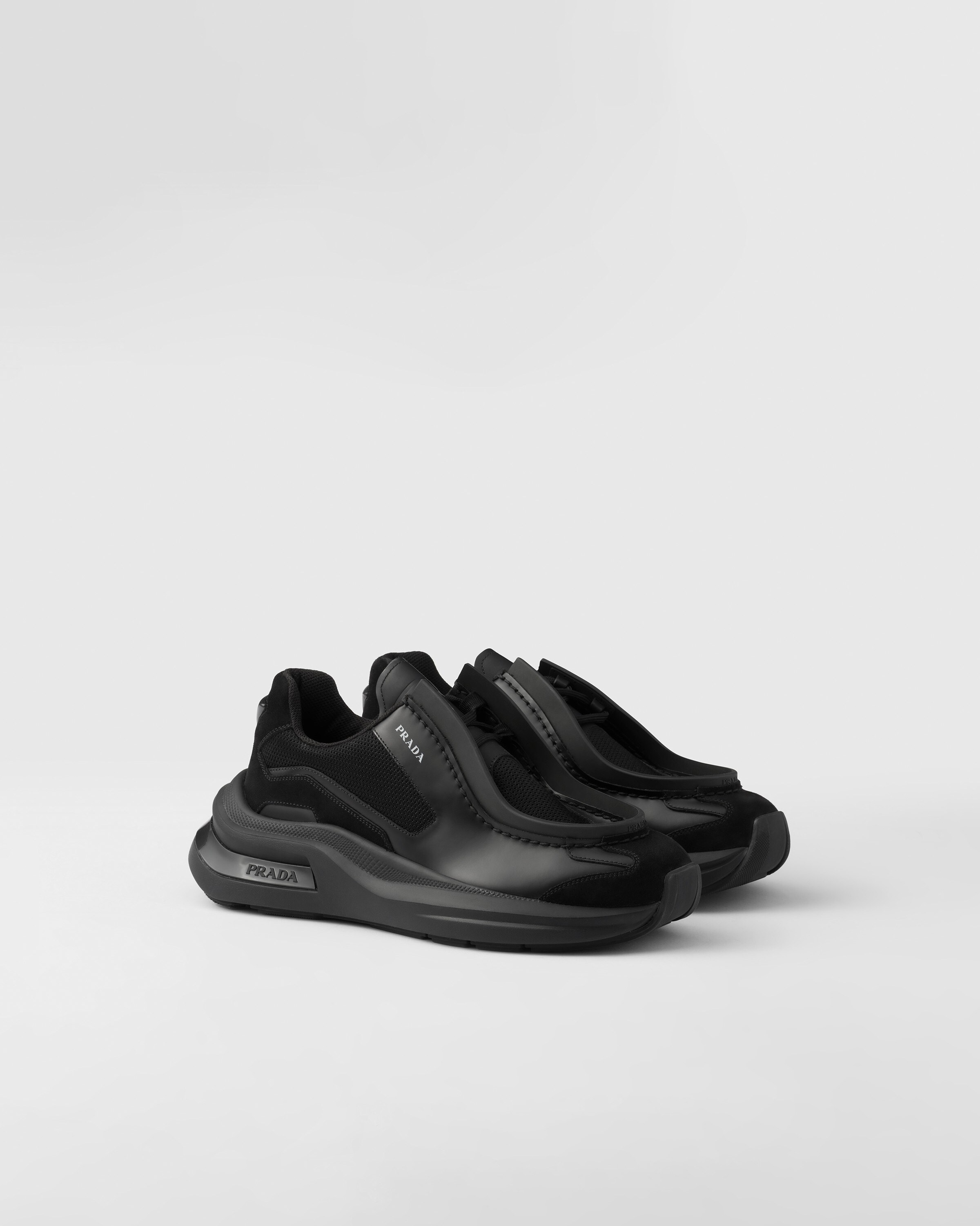Prada Brushed-leather Sneakers With Bike Fabric And Suede Elements In Black