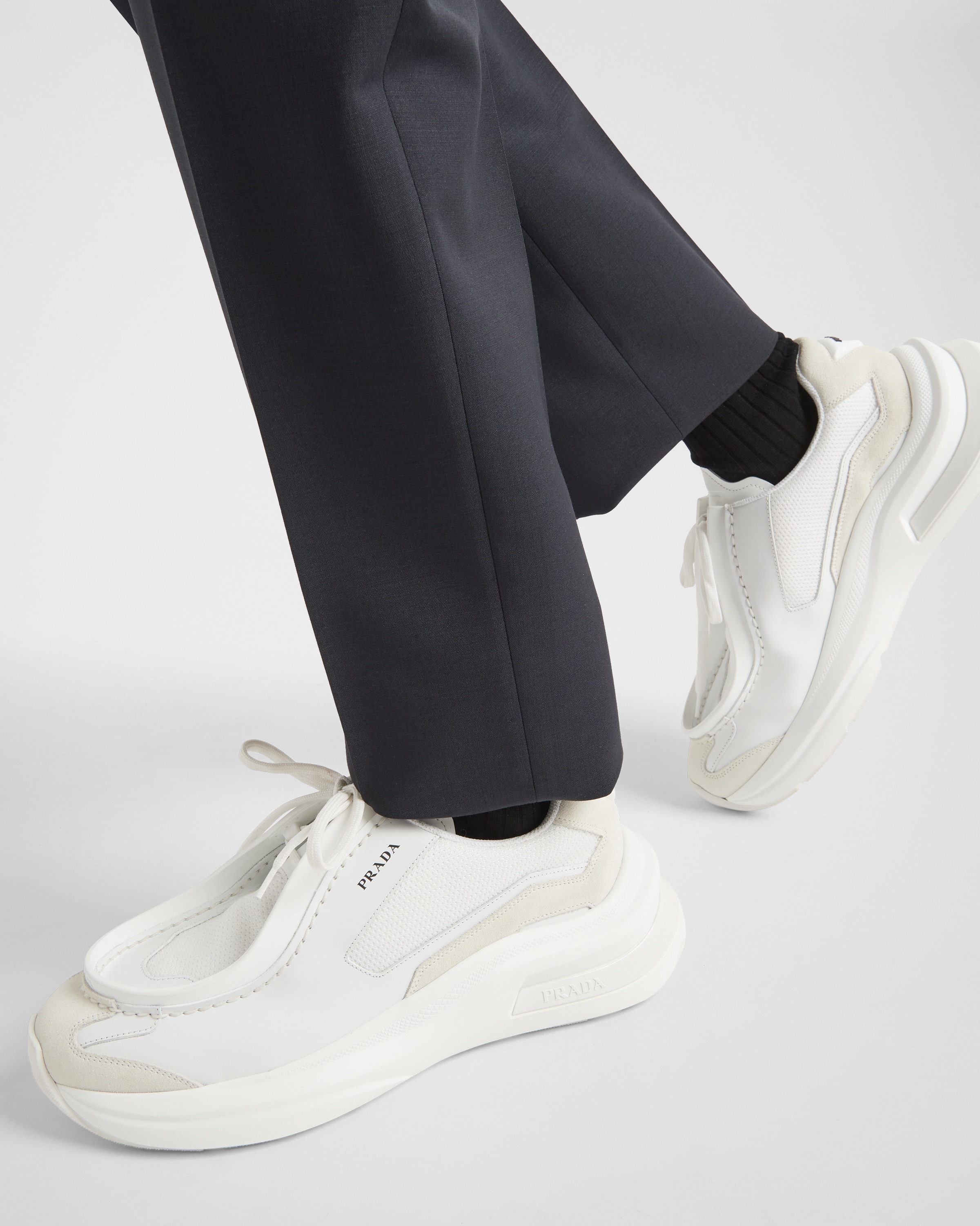 White Systeme Brushed Leather Sneakers With Bike Fabric And Suede Elements PRADA