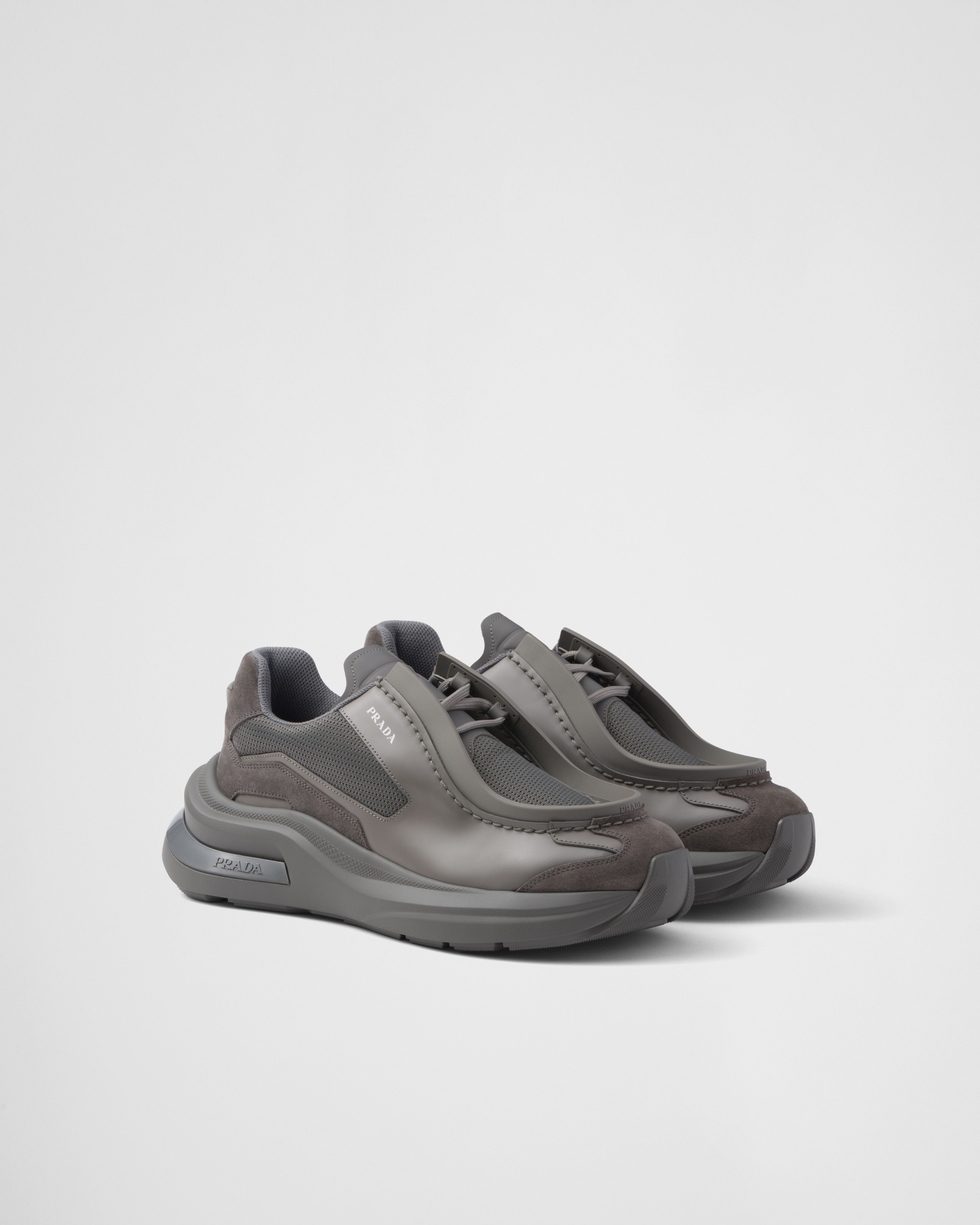 Prada Systeme Brushed Leather Sneakers With Bike Fabric And Suede Elements In Marble Gray