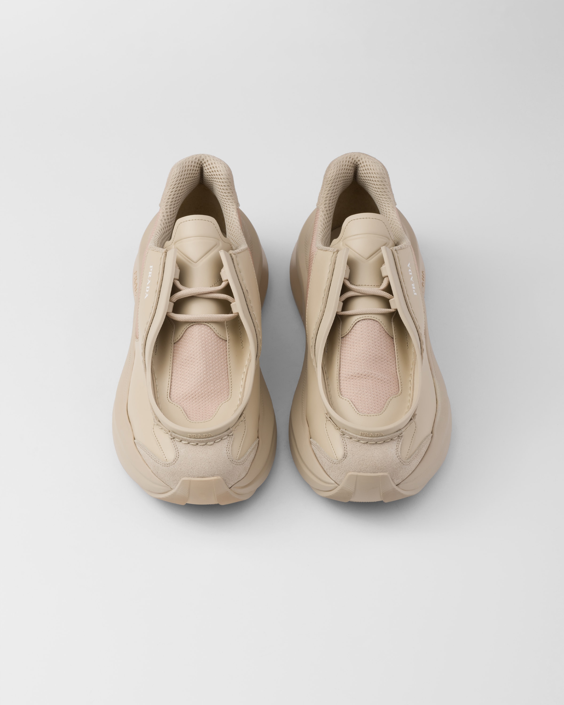 Shop Prada Systeme Brushed Leather Sneakers With Bike Fabric And Suede Elements In Desert Beige