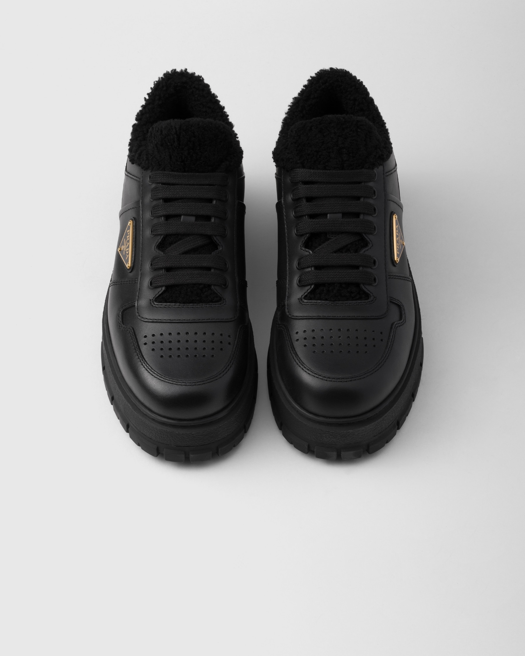 PRADA Size 12 Black Nylon Leather Low Top Lace-Up Sneakers