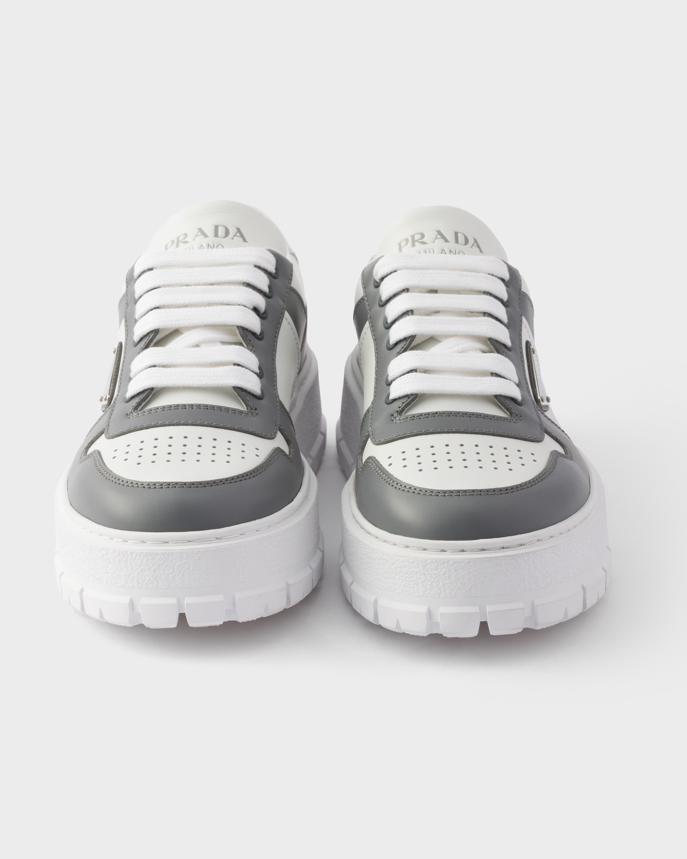 White/steel Leather Sneakers | PRADA - United States
